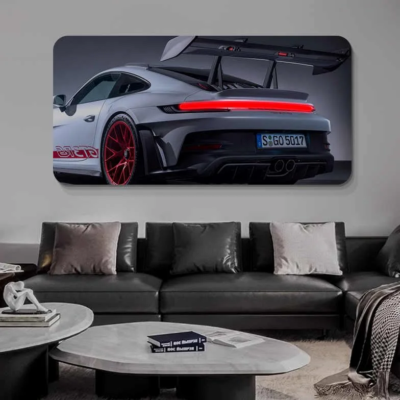 interoknack Decorazione da parete per auto sportiva retroilluminata a LED personalizzata - Stampa Porsche GT3 RS ad alta risoluzione con illuminazione d'accento a LED, pannello decorativo per sala