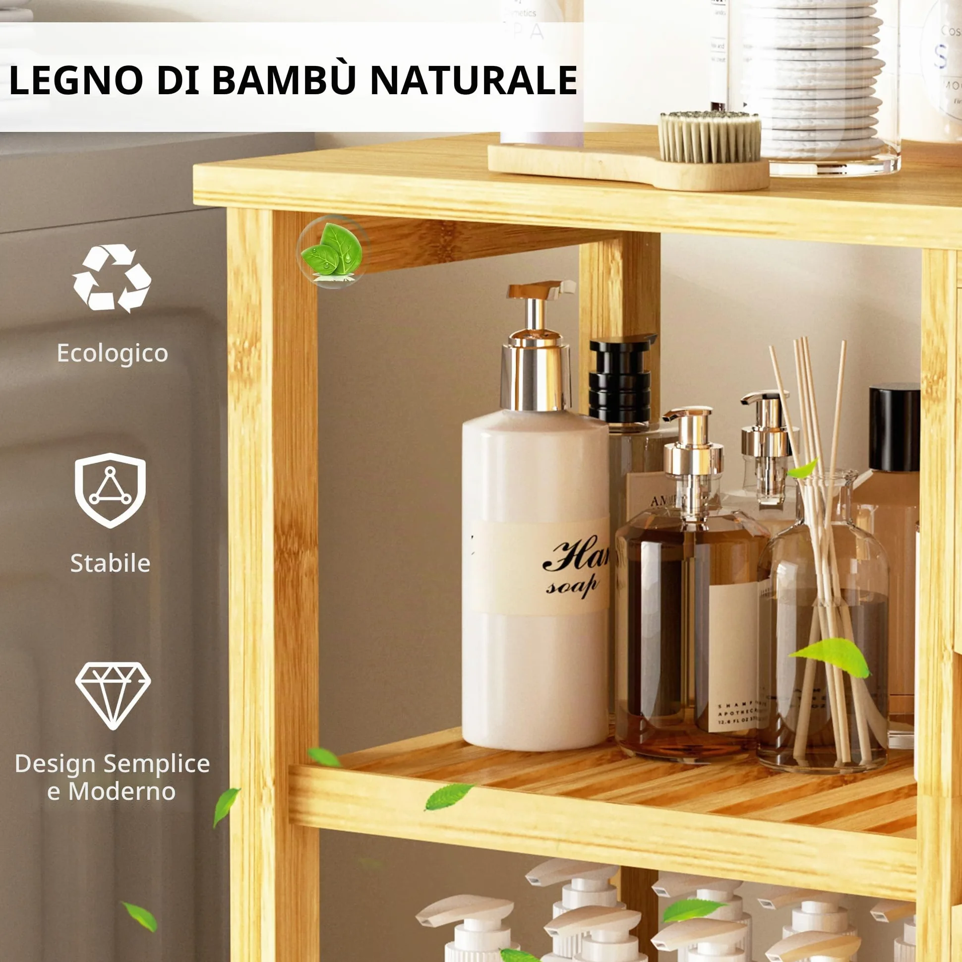 SogesPower Armadietto Portaoggetti da Bagno in Bambù Credenza Autoportante per Soggiorno, Cucina, Ufficio Domestico