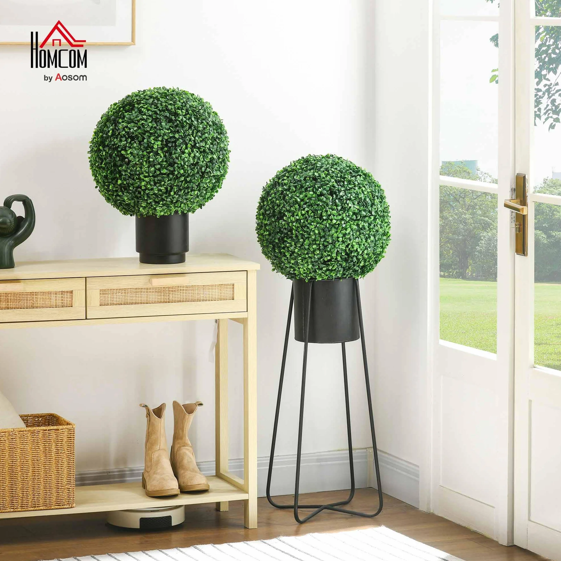 HOMCOM Set di 2 Piante Finte Sfera di Bosso Ø40cm, Piante Artificiali Decorative da Interno ed Esterno, Giardino, Ufficio, Soggiorno, Verde