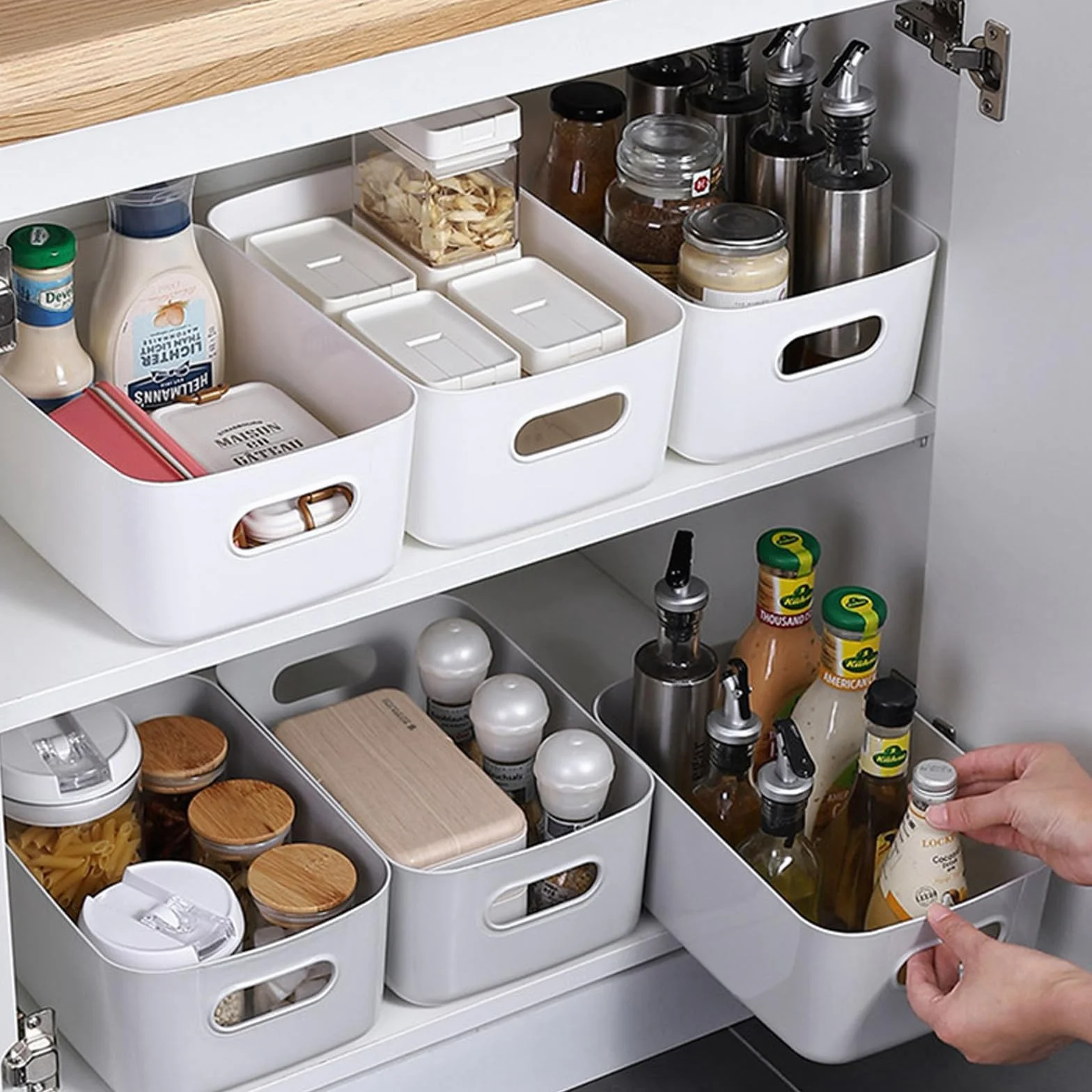 Scatola portaoggetti in plastica 30x20x12cm con manici organizer per cucina bagno Bianco