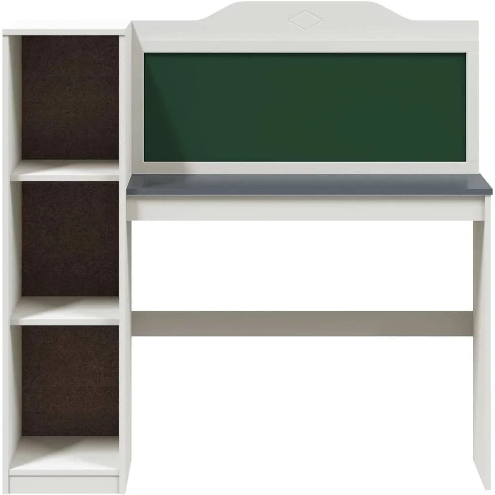 Scrivania moderna con lavagnetta e ripiano aperto, scrivania con lavagna da 120 cm e gambe quadrate, bianco con e ripiano