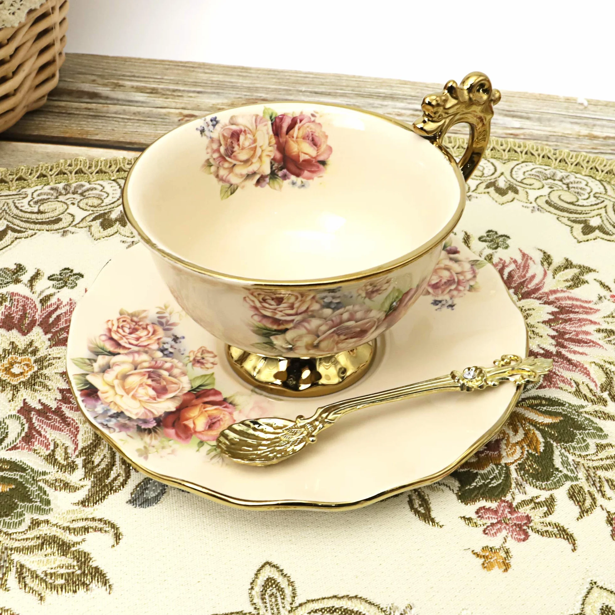 fanquare 15 Pezzi Servizio da Tè in Porcellana Inglesi, Vintage Set Tazzine da Caffè Cinese con Fiori di Rosa, Servizio di Caffè per Matrimoni