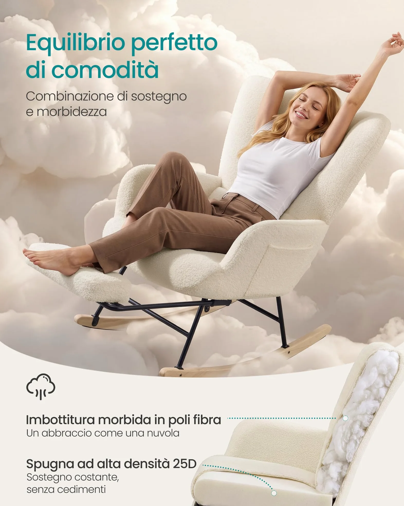 SONGMICS Sedia a Dondolo, Poltrona a Dondolo, Poggiapiedi Estraibile, Cuscino Rimovibile, Tasche, Gambe in Legno, Tessuto di Peluche, Camera da Letto Soggiorno, Bianco Crema LYY018W101