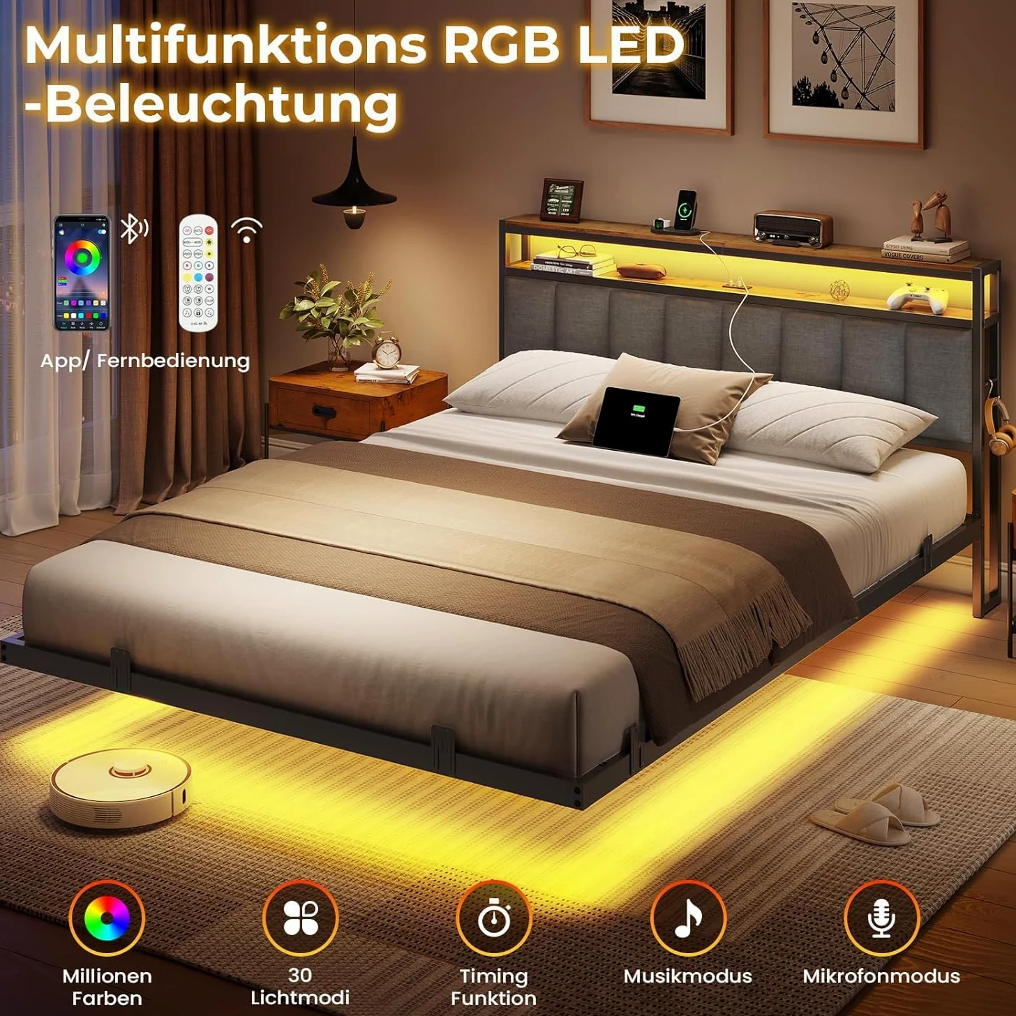 AOGLLATI Letto Matrimoniale, Letto 160x200 cm con Illuminazione a LED e Stazione di Ricarica, Struttura Letto con Testiera Imbottita, Effetto Visivo Levitante, Stile Minimalista, Grigio Scuro