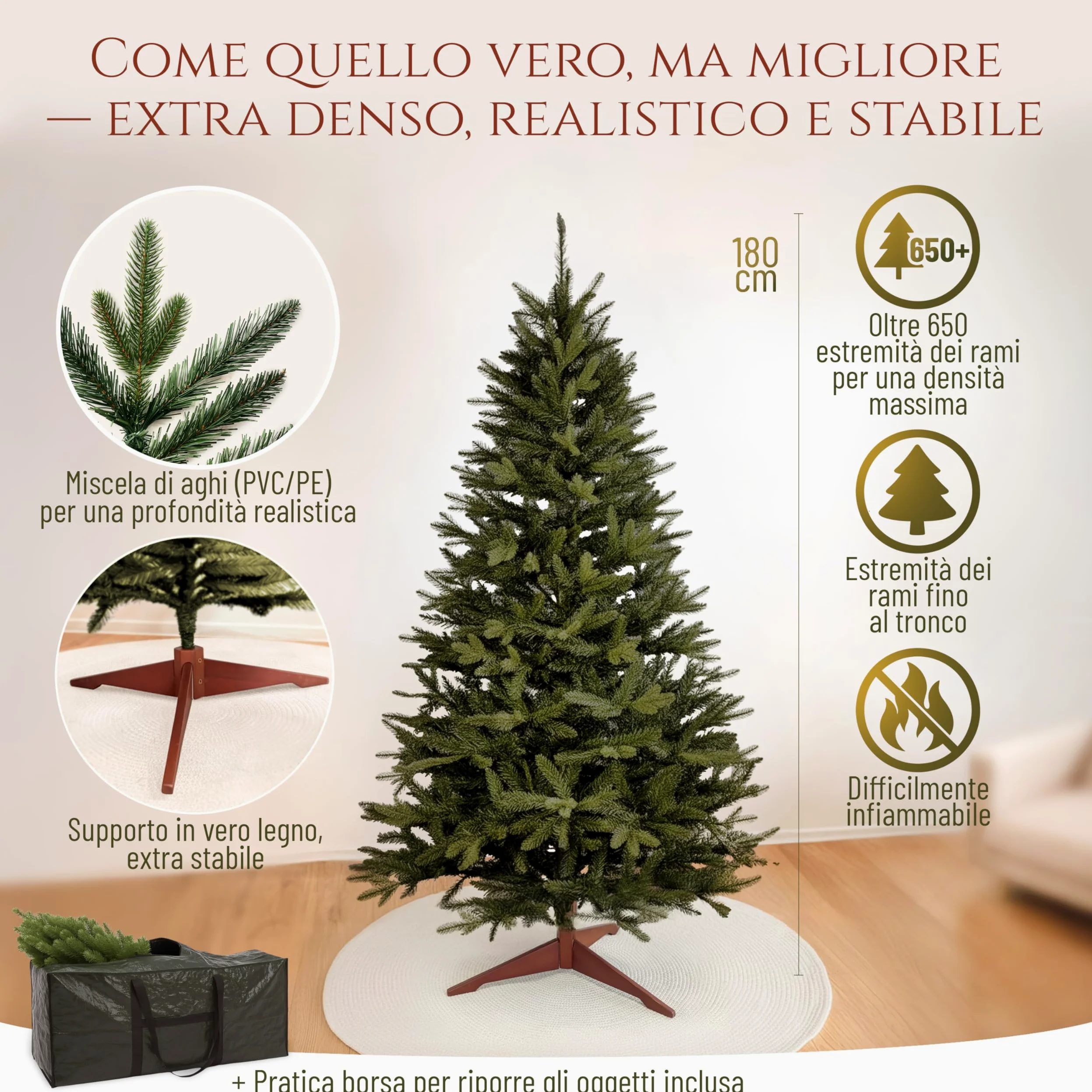 Albero di Natale Artificiale Premium 180cm – Realistico, Rami Fitti, con Base in Legno e Borsa per Riporre – Albero di Natale di Pure Living
