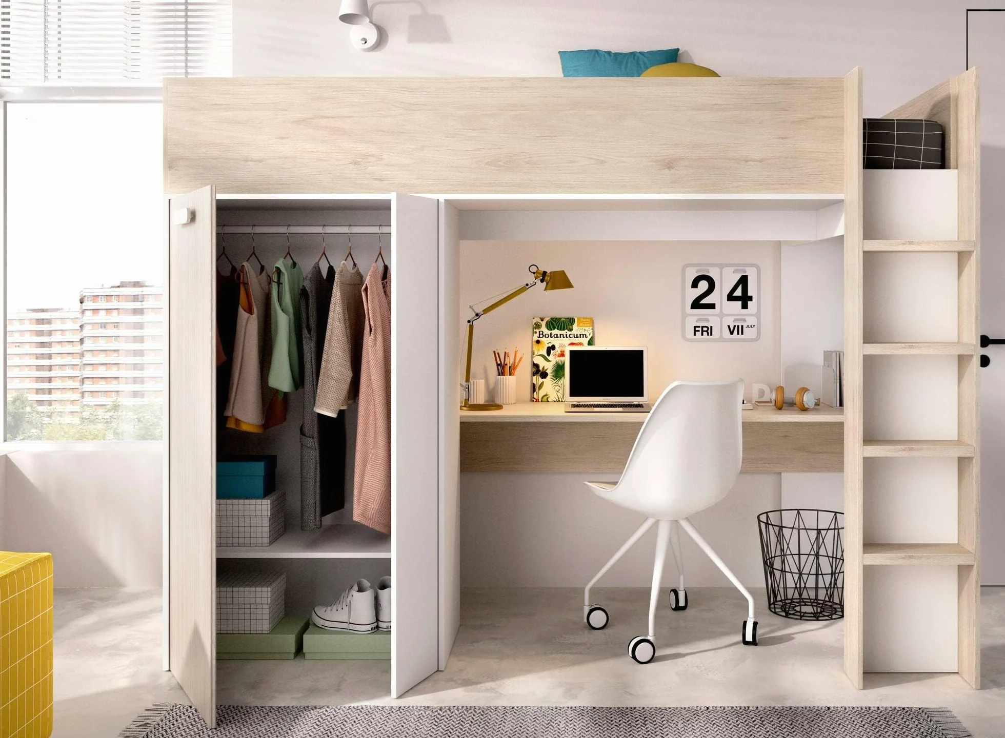 Dmora - Composizione camera da letto Focoletta, Stanza da letto completa, Cameretta per bambini, Set per arredo a ponte, 206x111 h178 cm, Bianco e Rovere