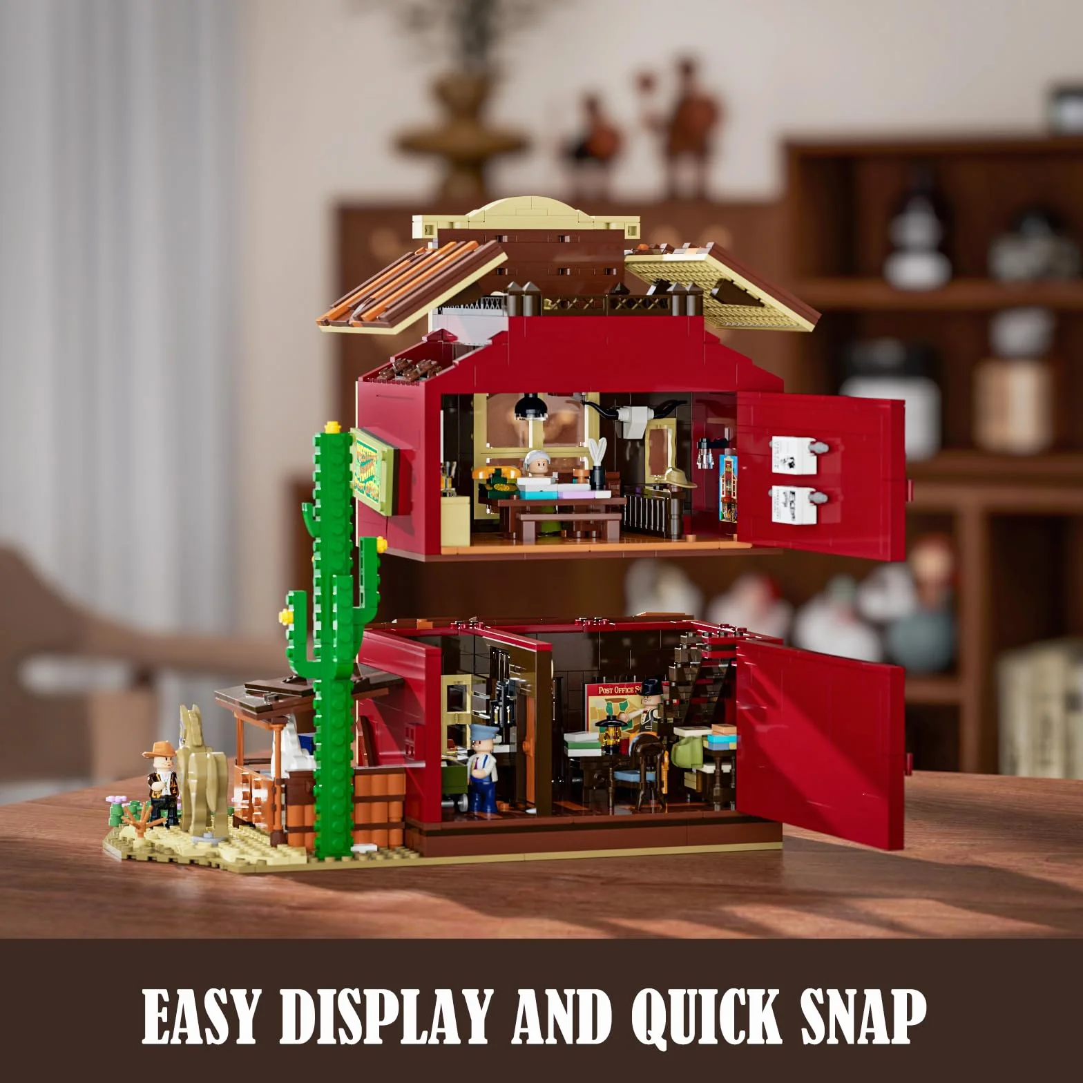 FUNWHOLE Ufficio Postale Western 1692 Pezzi Edificio Modulare Far West 6 Luci LED Modello Città Cowboy