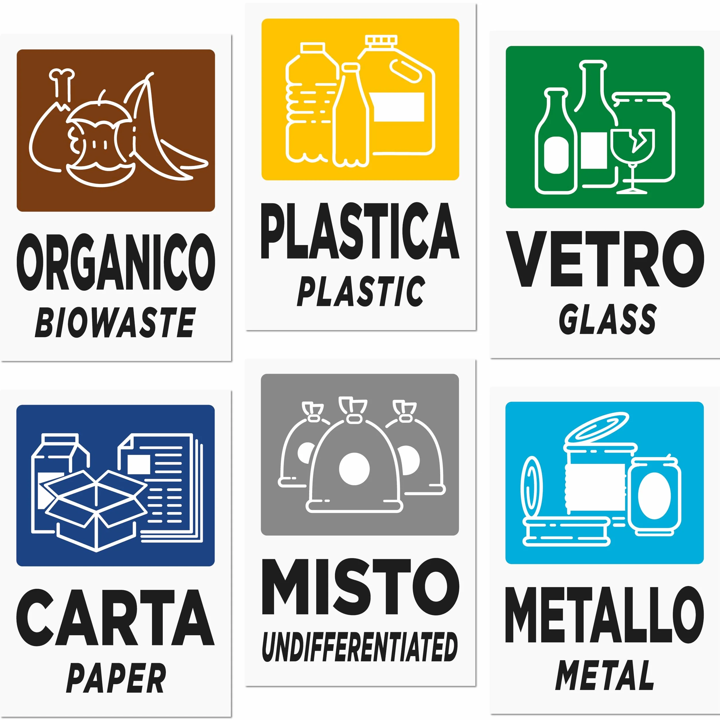 6 Adesivi GRANDI XL per Raccolta Differenziata | Formato cm 15x21| Etichette Grandi per Contenitori Rifiuti in Italiano ed Inglese | 6 PZ