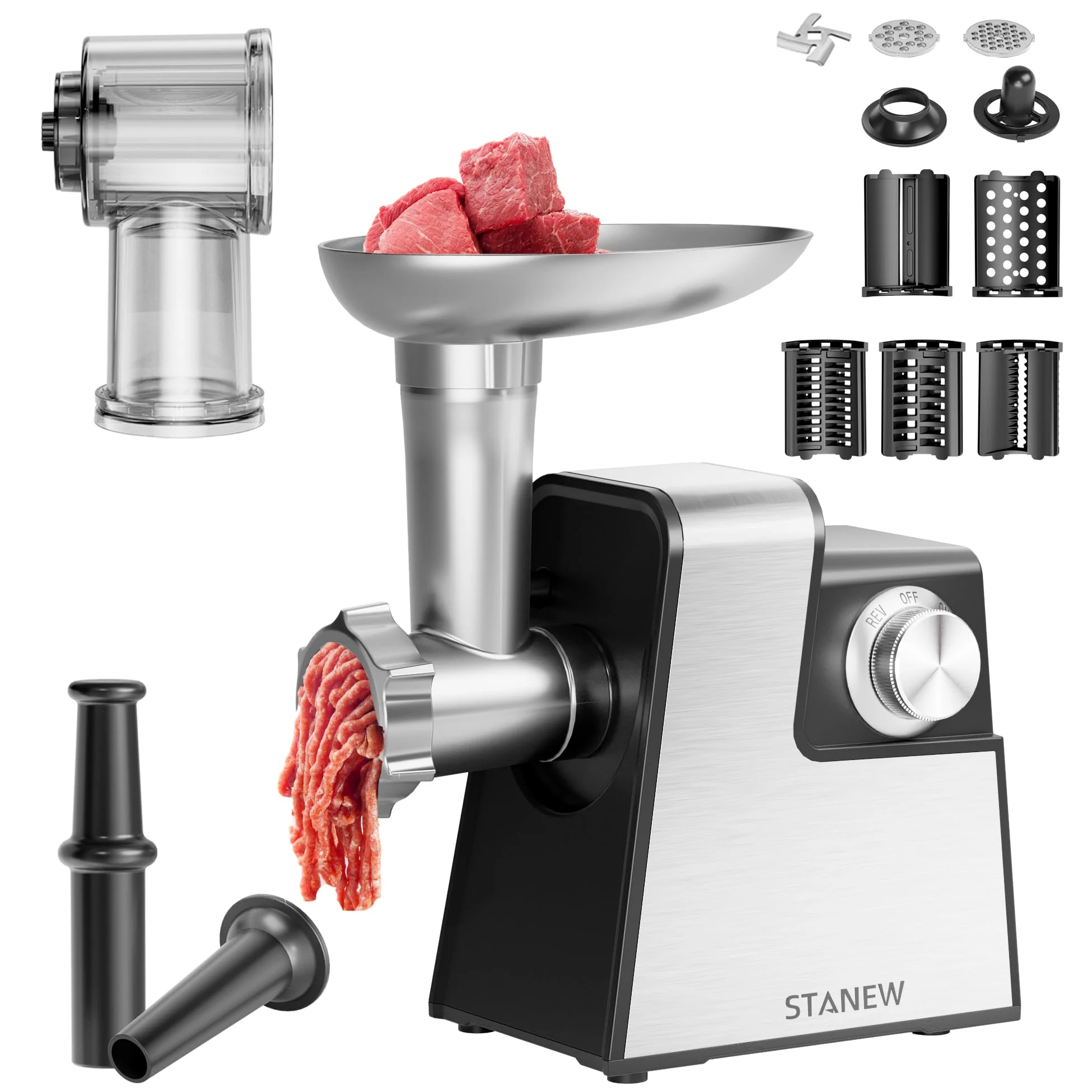 Tritacarne Elettrico STANEW 2500W - Robot da Cucina con 5 Lame Professionali (Taglio Onda/Grattugia) + Accessori Salsiccia/Biscotti, Design Compatto per Carne, Verdure e Formaggio
