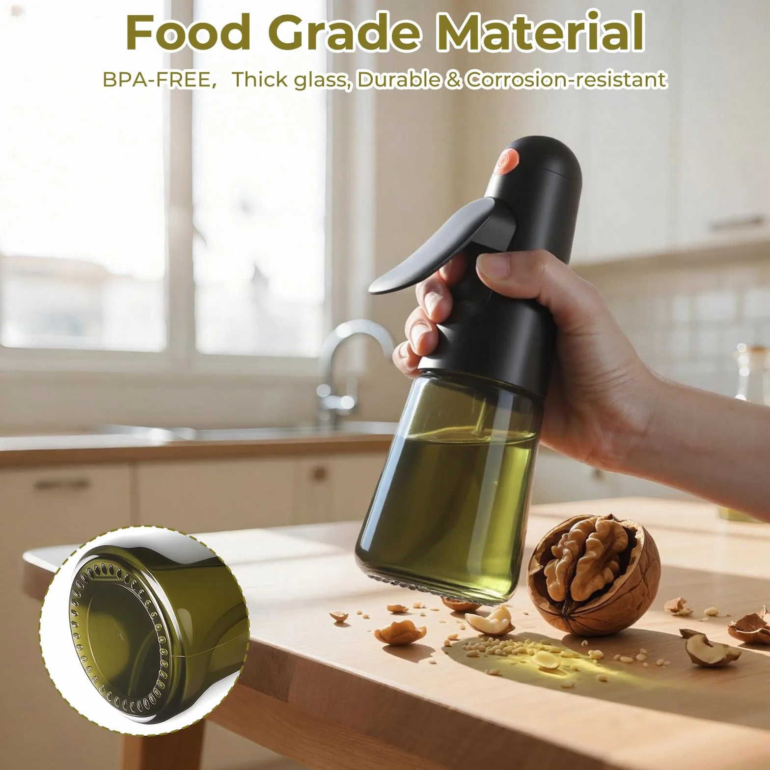 Euqvunn Spruzzino Olio per Friggitrice ad Aria 200ml Vetro Anti-Luce Design Anti-Fuga 360° Oliera Spray Cucina con Pennello Nero