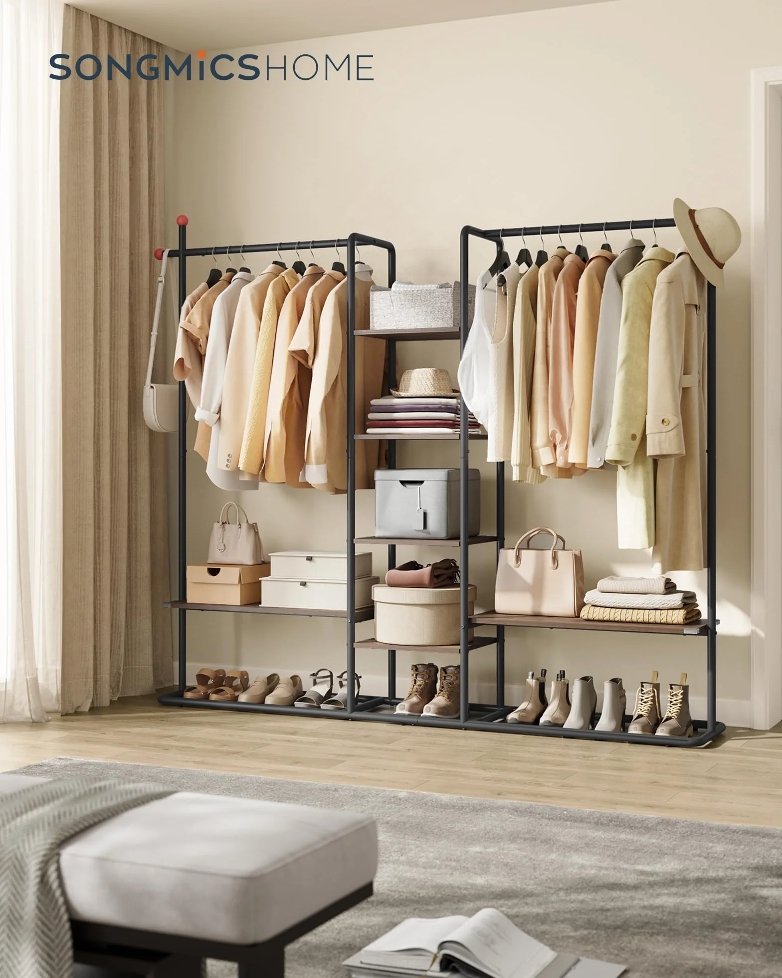 SONGMICS HOME Stand Appendiabiti, Guardaroba Aperto, 6 Ripiani Portaoggetti, 2 Barre, Ganci a Forma di Fiammifero, Armadio Camera da Letto, Noce Naturale e Nero Inchiostro RGR012B01