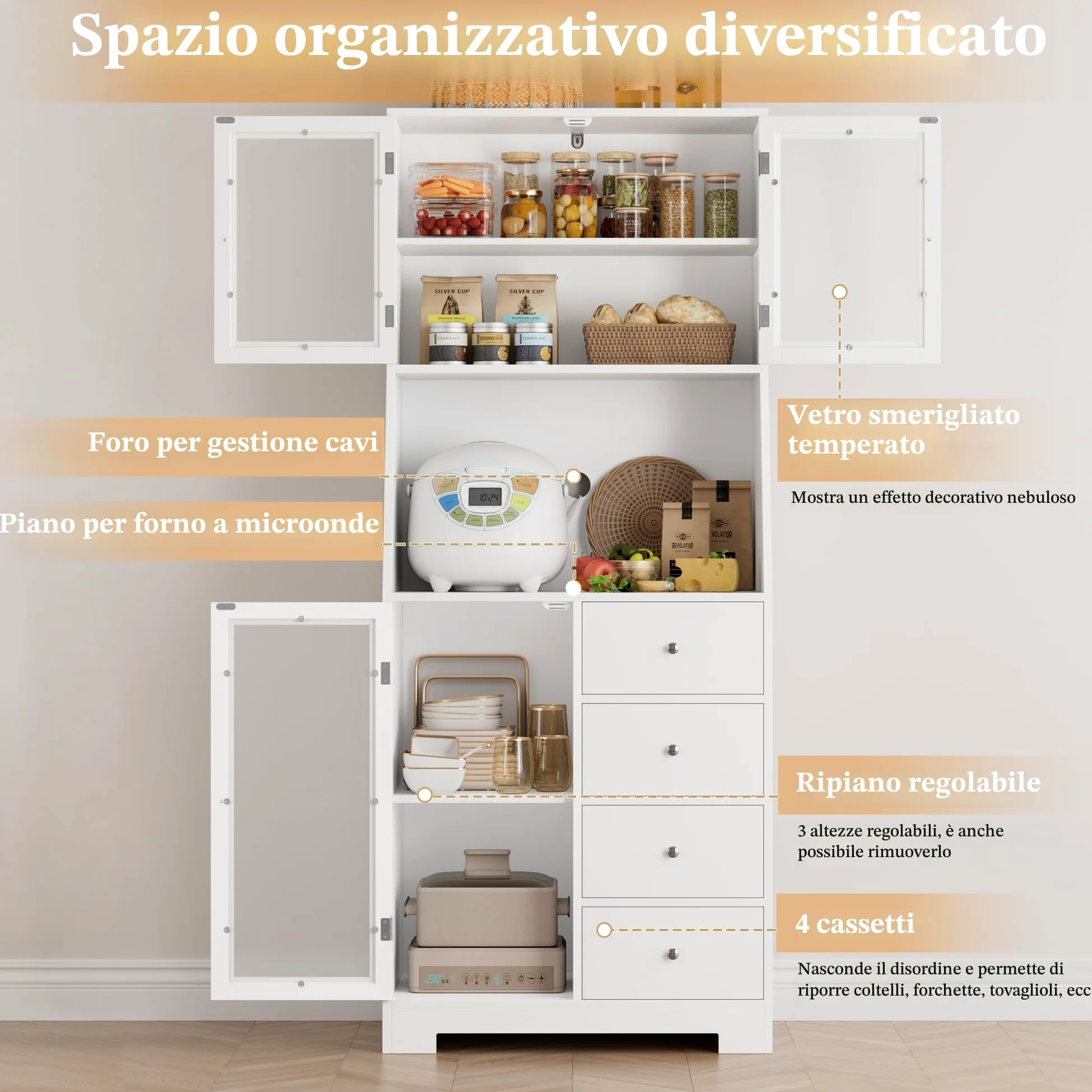 HOCSOK 163cm Credenza Cucina Alta, Dispensa Cucina Mobile Alto con 4 cassetti, Mobile Multiuso con Scaffale per Microonde Per Soggiorno, Sala da Pranzo, Bar, Bianco