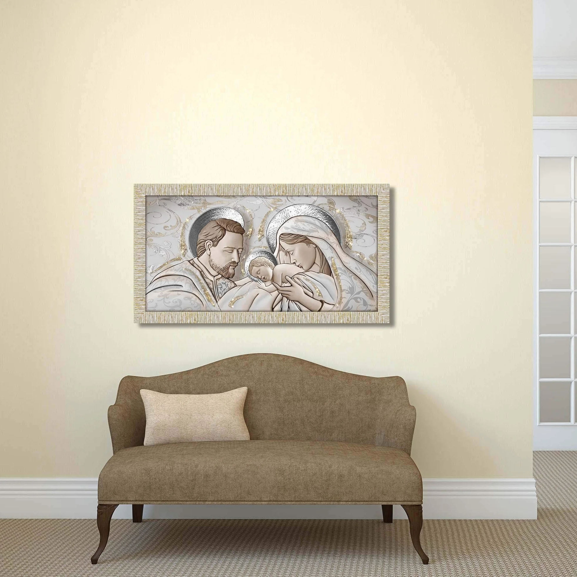 Quadro Moderno The Kiss Ceramic Mix Sacra Famiglia GIOVY Decorazione Glitter Cornice Legno Striata Oro 60x110 cm Stampa su Legno