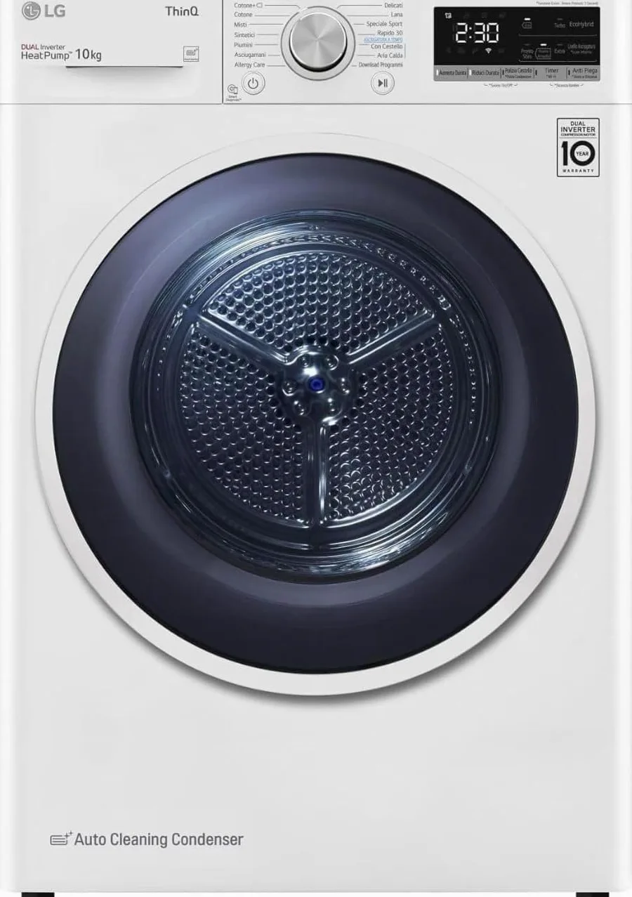 LG RH10V9AV4W Asciugatrice Smart a Carica Frontale 10kg, Serie V9, Classe C, Condensazione con Pompa di calore DUAL Inverter, Eco Hybrid, Condensatore autopulente, Allergy Care, Wi-Fi, Bianca