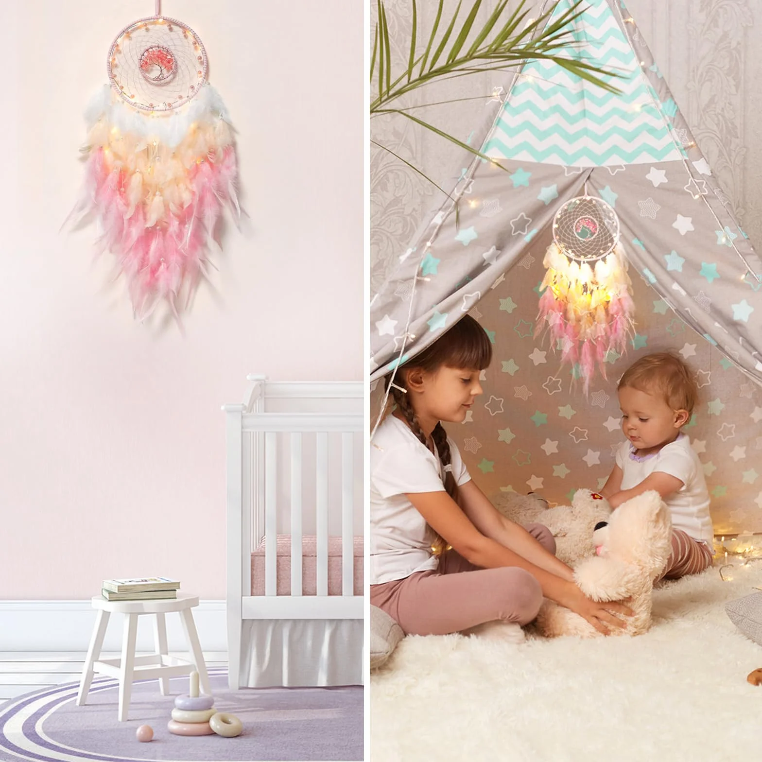 Acchiappasogni Piume Led Indiano Dream Catcher Wall Decorazione Fatto a Mano Regalo di Natale Rosa