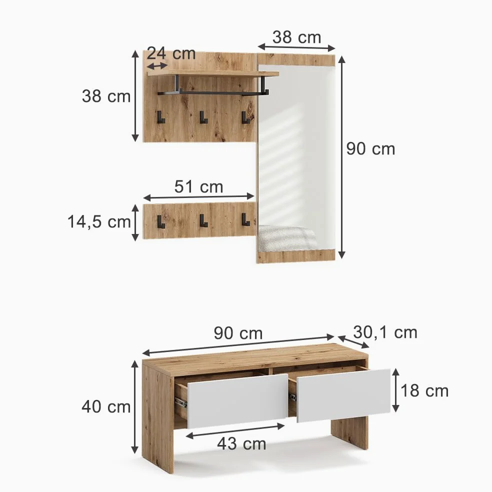 Vicco Armadio da ingresso Selena, Bianco/Artisan, 90 x 40 cm 4 parti, per montaggio a parete per un'organizzazione salvaspazio nell'ingresso