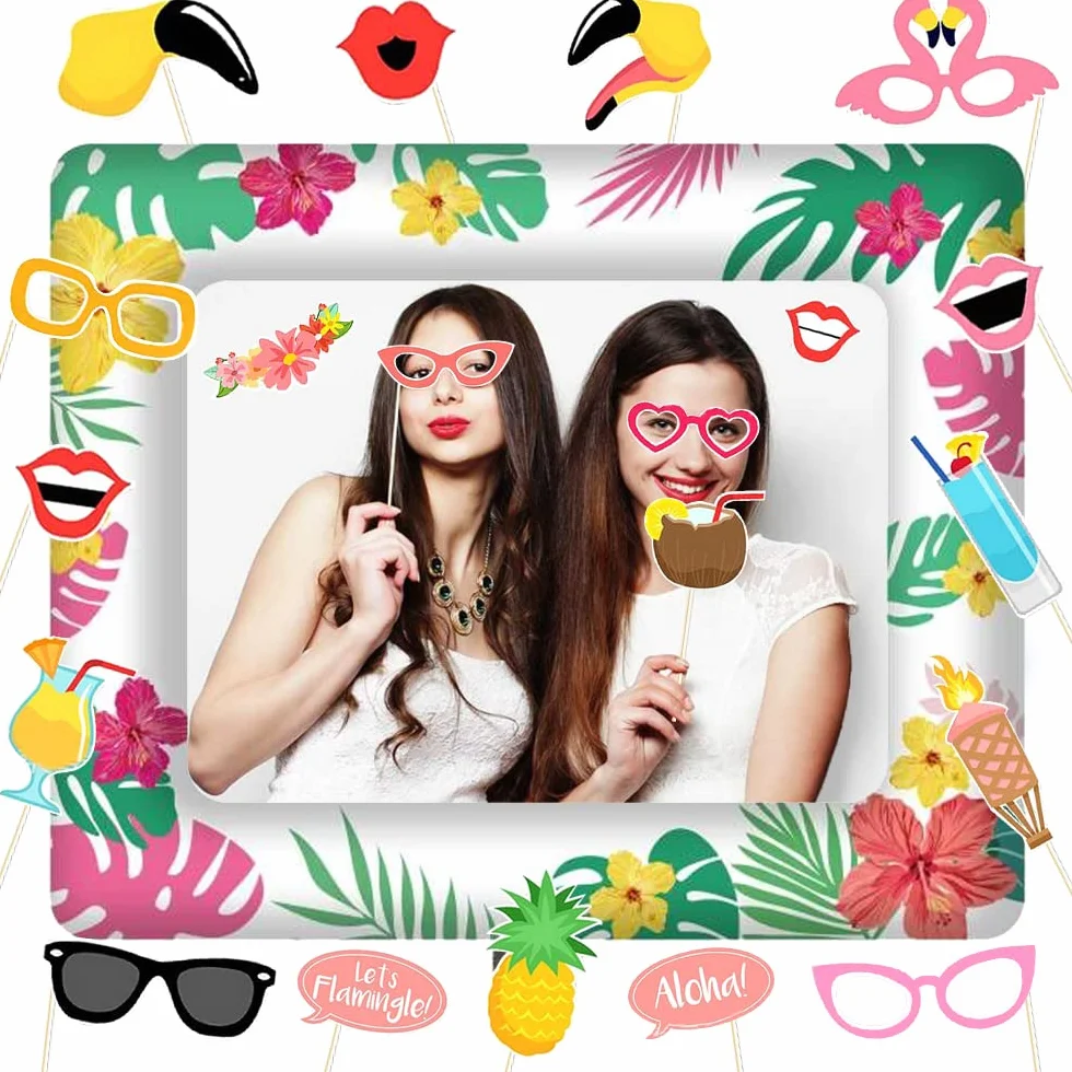 Cornice per Foto Gonfiabile Hawaiane con Accessori per Foto Da 21 Pezzi, Cabina per Photo Booth Fenicottero, Accessori per Cabine Fotografiche Estive Colorate, Cornice per Selfie per Feste Estive