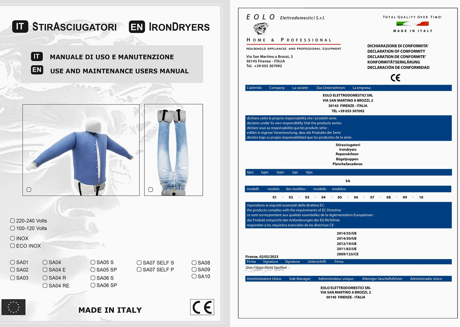 EOLO Stira Camicie SA05 S INOX V5 Stira Asciuga in Automatico Camicie Camicette Stiratrice Asciugatrice Stendiasciuga Manichino Ferro Stiro Robot 2 Programmi Made in Italy Garanzia 5 Anni A++