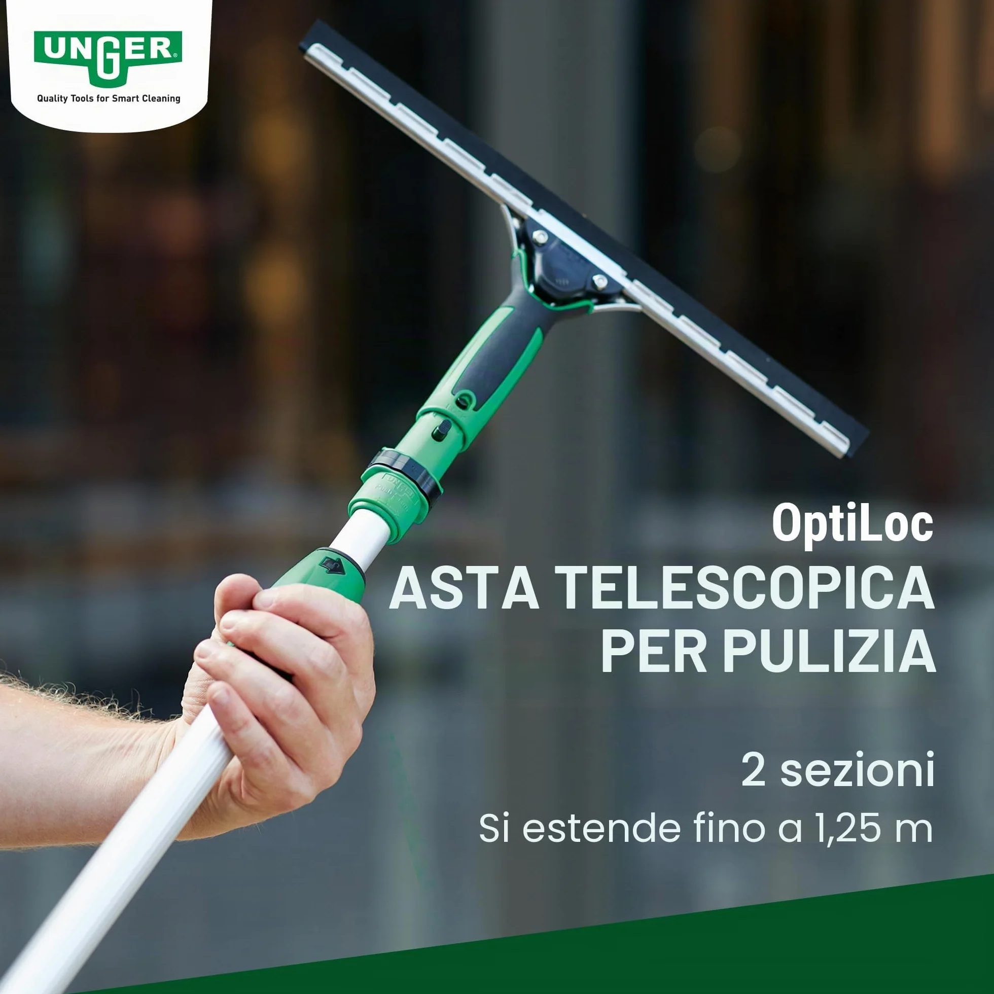 Unger OptiLoc asta telescopica 1,25 cm (compatibile con gli attrezzi per la pulizia delle finestre, impugnatura ergonomica, punta antiscivolo, chiusura a due componenti) EZ120
