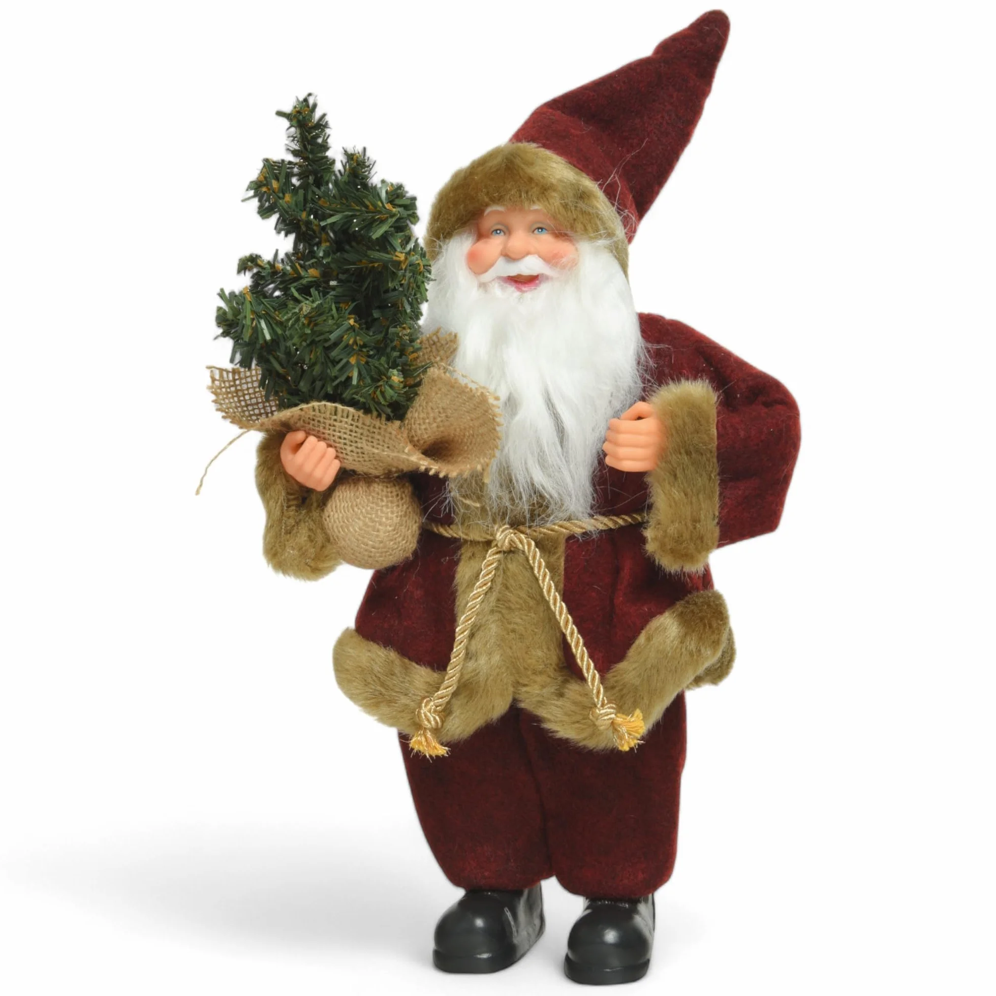 MIJOMA Statuetta decorativa di Babbo Natale – 30 cm nostalgica decorazione natalizia in rosso scuro con piccolo albero di Natale, decorazione natalizia invernale per atmosfera festiva