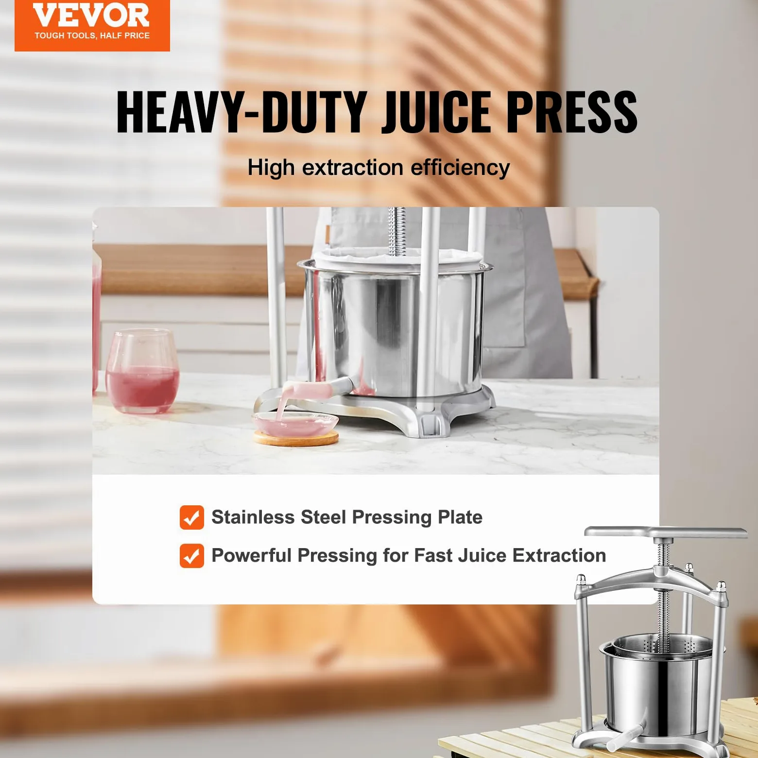 VEVOR Spremiagrumi per vino frutta, 5,5 l, 2 fusti in acciaio inox, macchina per succo manuale, sidro, mela, uva, verdure, miele, olio d'oliva con manico a T, struttura triangolare per cucina