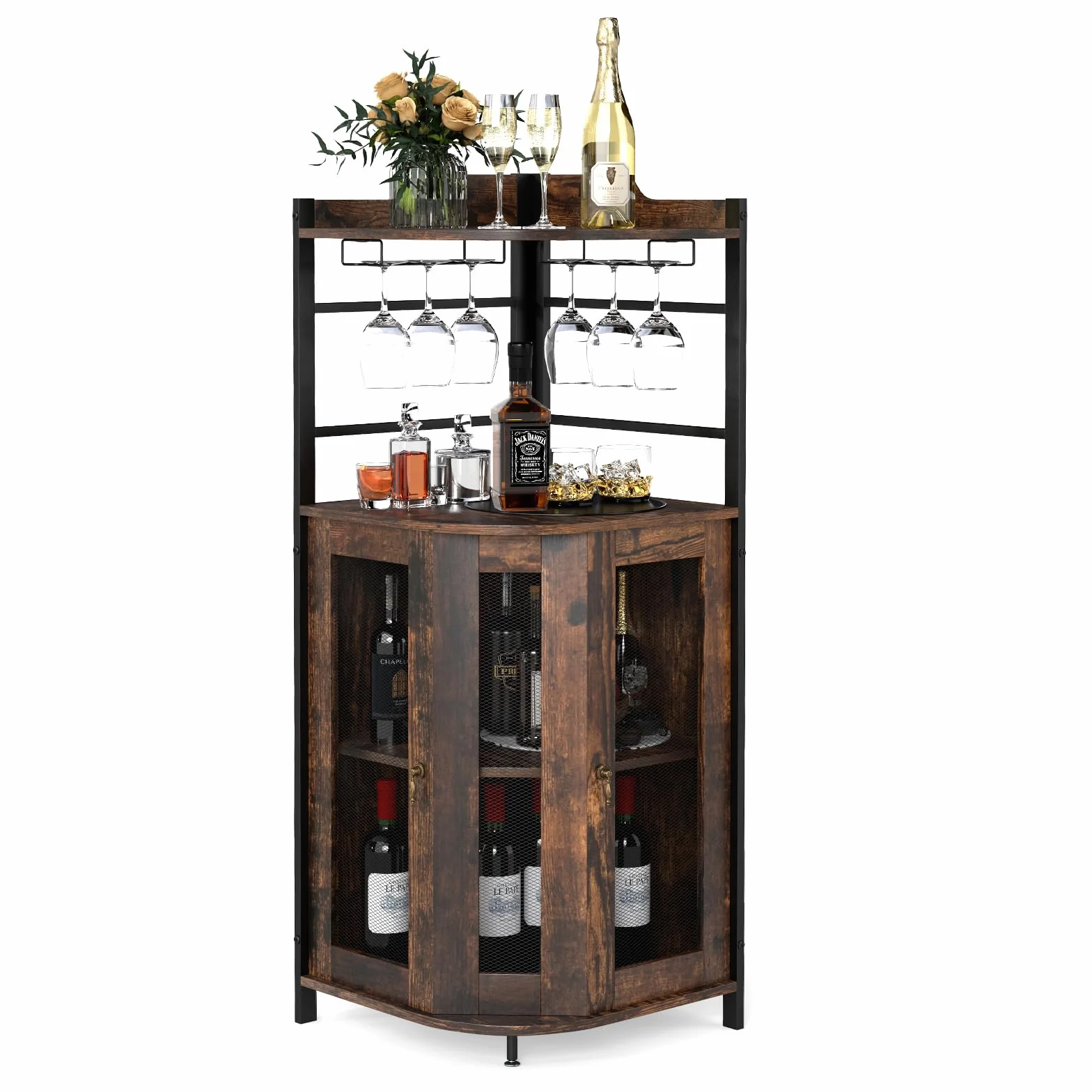 GIANTEX Armadietto Angolare Industriale Da Bar Con Supporto In Vetro, Armadietto Da Vino Con Ripiano Regolabile, Portabottiglie Vino Da Cucina Con Protezione, 130x47,5x47,5 cm (Marrone)