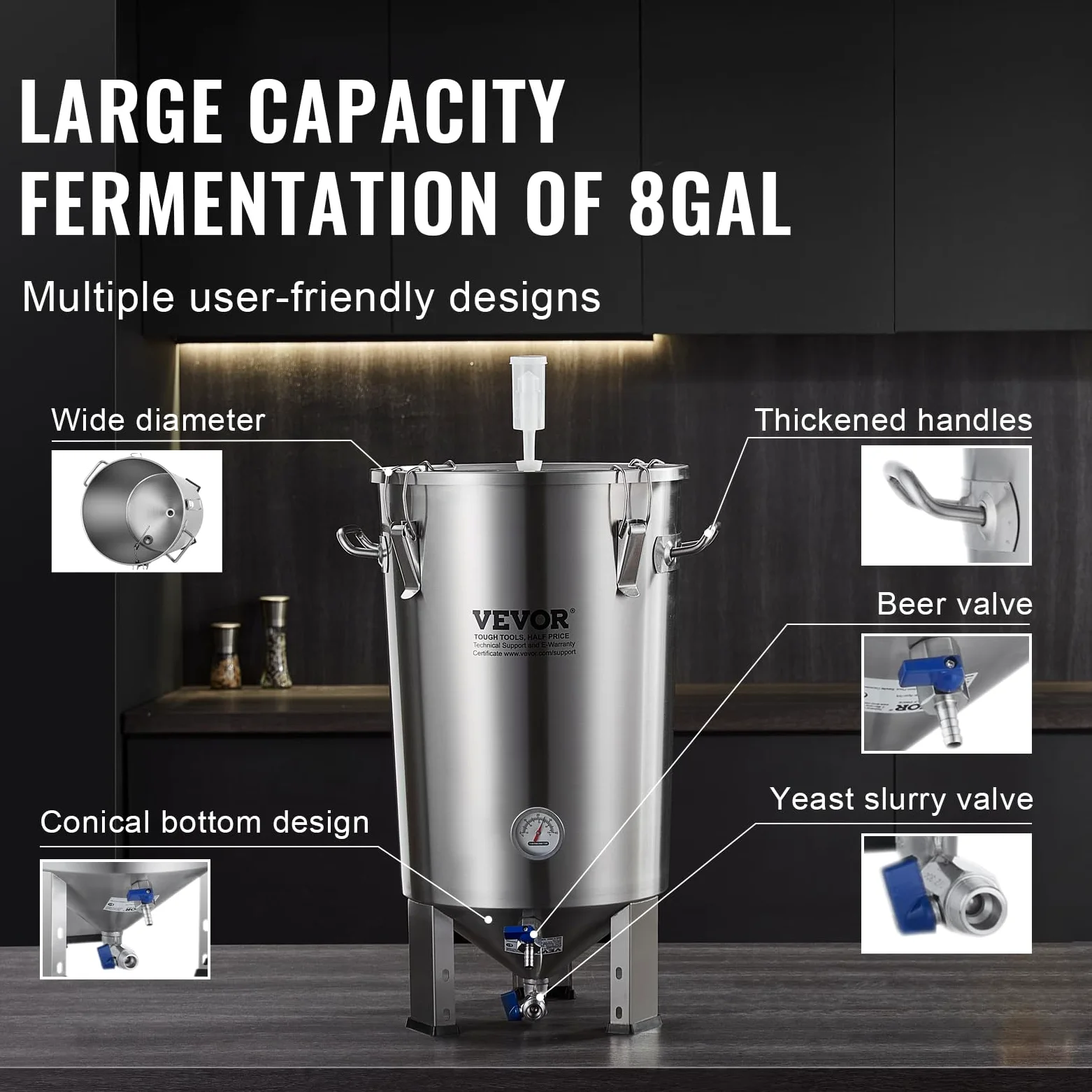 VEVOR Sistema di Produzione di Birra, Dispositivo per Produzione di Birra fermentatore in Acciaio Inox capienza 30 L, Fermentatore a Secchio per Birra, Accessori per Produzione di Birra