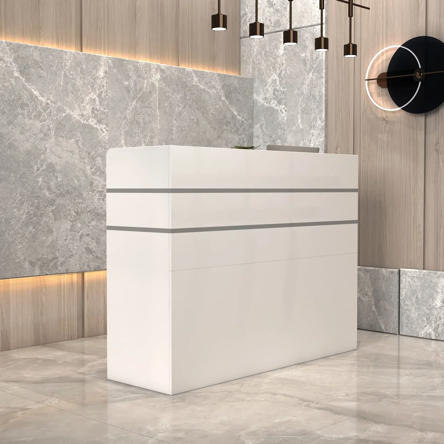Banco reception, bancone reception, tavolo reception per ufficio con 3 cassetti e ripiani per sale aziendali, reception di hotel, negozi di abbigliamento, bianco 120 cm L x 48 cm P x 110 cm H