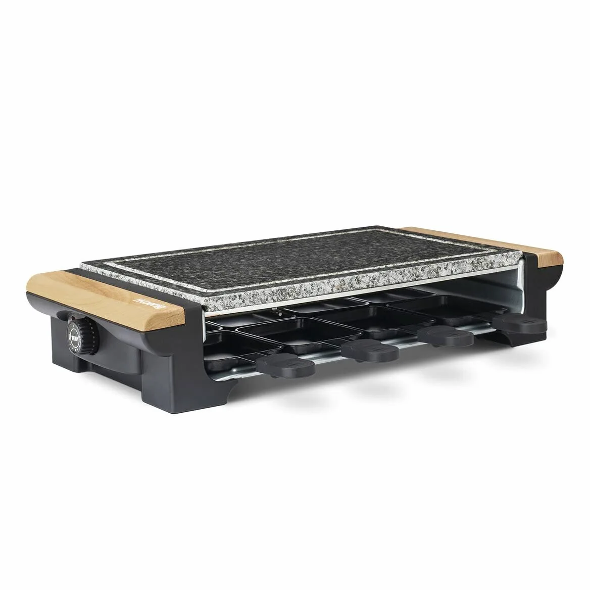 H.Koenig Pietra di cottura 2 in 1 con apparecchio per raclette da 8 persone RP328 design in legno, griglia multifunzione in granito,pietra rimovibile, Accessori: 8 teglie antiaderenti