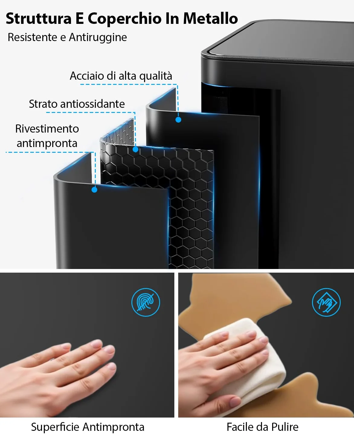 lovewind Kitchen Bin, 3 X 15 L Bidone Di Riciclaggio, Pattumiera 3 Scomparti Per Riciclo E Rifiuti, Etichette Magnetiche Incluse, Coperchi Soft-Close, Pedali, Secchi Interni, Acciaio, Nero