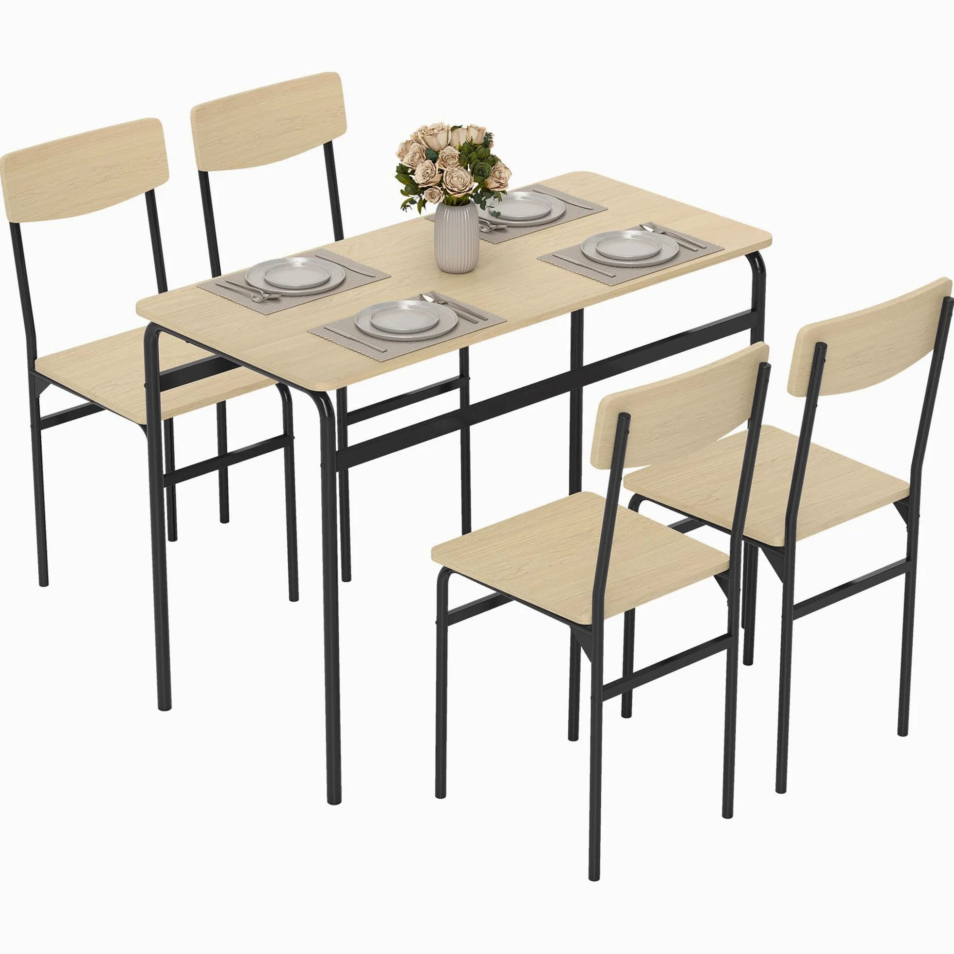 HOMCOM Set Tavolo e Sedie Sala da Pranzo 5 Pezzi, Tavolo da Pranzo Rettangolare e 4 Sedie in Legno e Metallo, Salvaspazio, Design Industriale, per Soggiorno Salotto Cucina, Nero e Color Legno