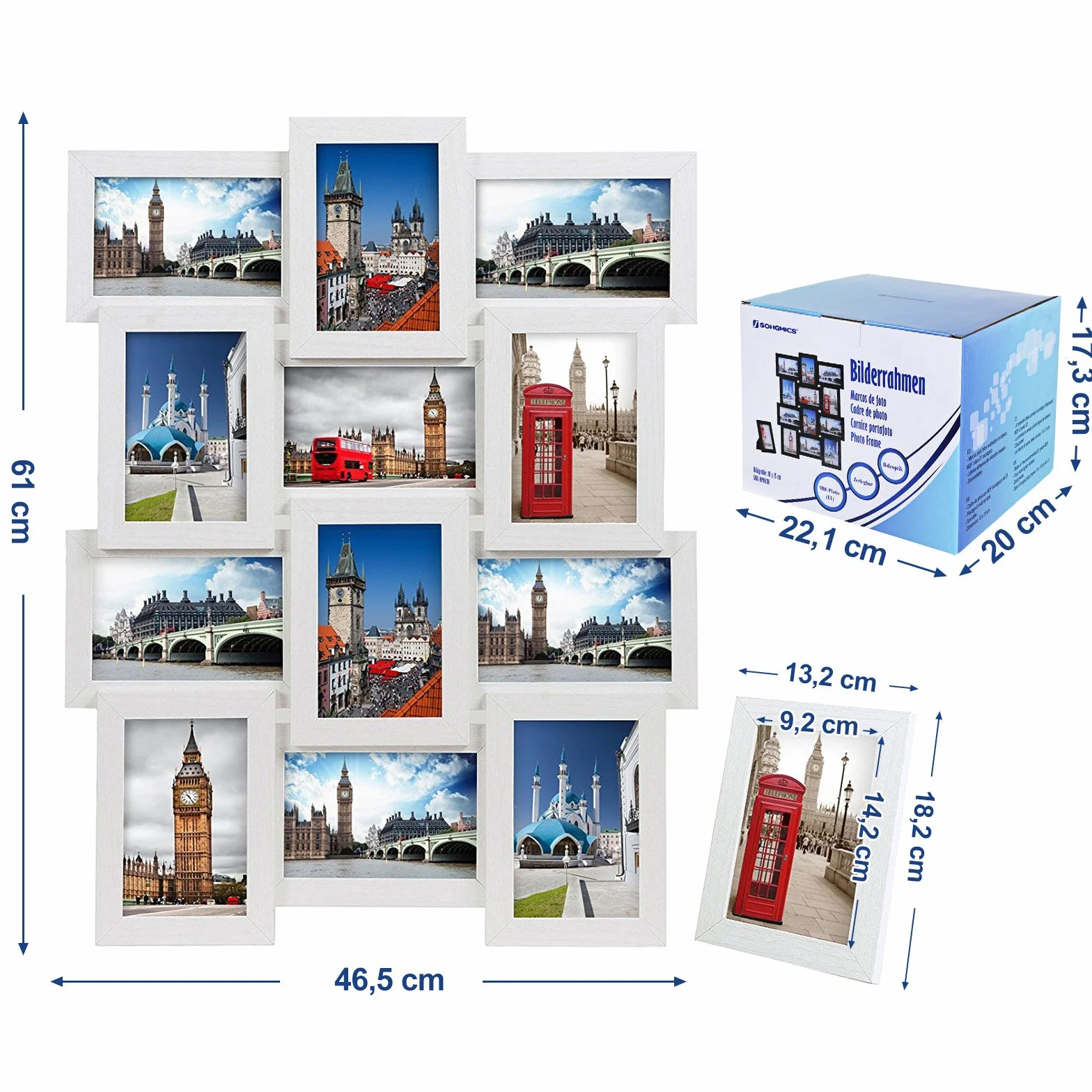 SONGMICS Cornice 10x15 cm Multifoto da Parete Posti di Foto e Un Portafoto Singolo da Tavolo Bianco con Venatura del Legno RPF112W, Confezione da 12, unità