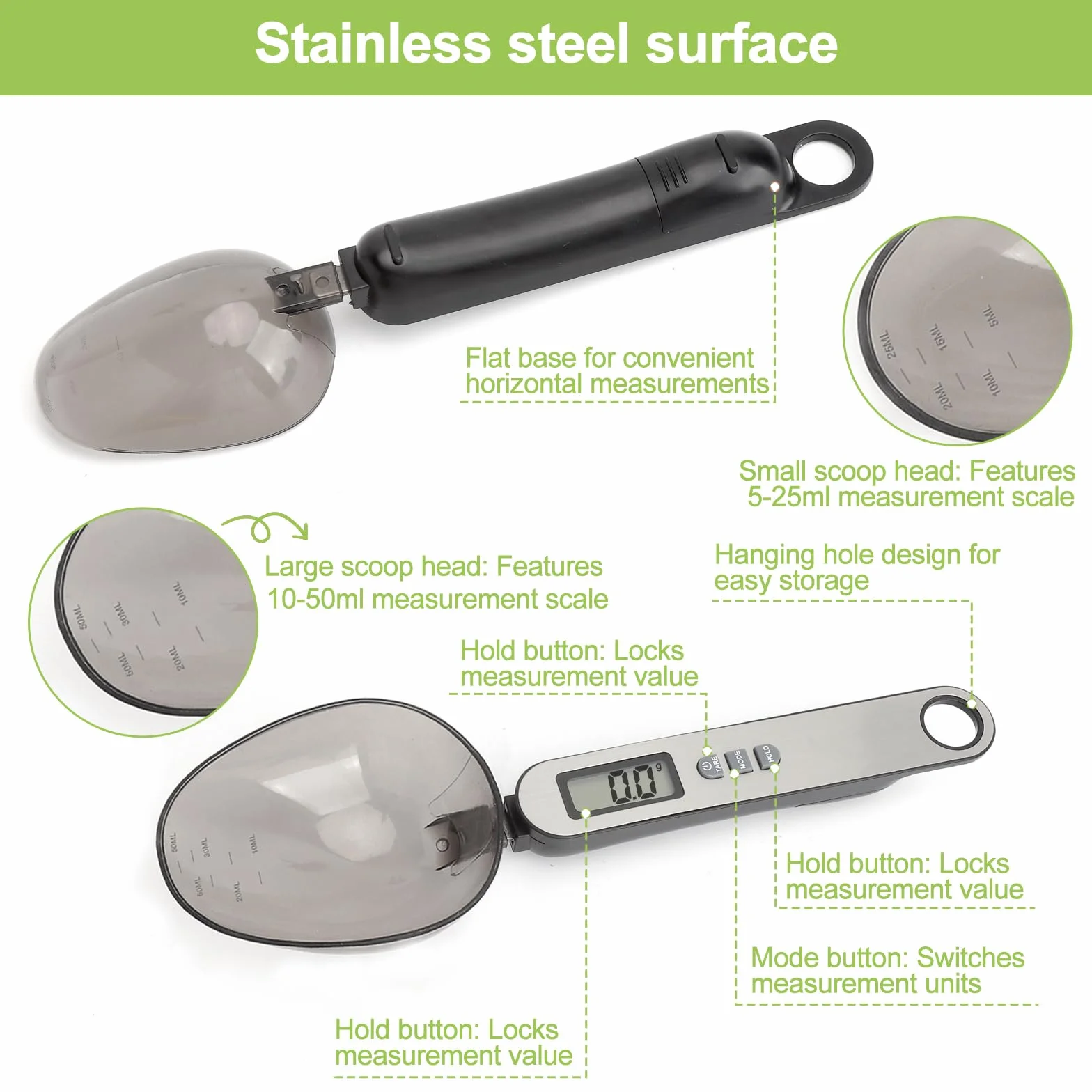 Cucchiaio bilancia digitale precisione misure da 0,1g a 500g 2 testa a cucchiaio diverse electronic spoon scale multifunzionale con diverse unità di misura frontale in acciaio inossidabile argentato