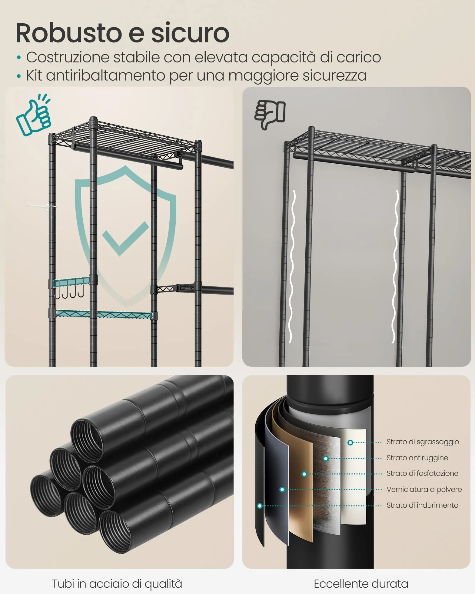 SONGMICS Appendiabiti per Carichi Pesanti, Armadio Portatile con Ripiani in Rete Regolabili e Barre Appendiabiti Estensibili, Ganci, 40 x (177-220) x 193 cm, Nero Inchiostro LGR438BH01