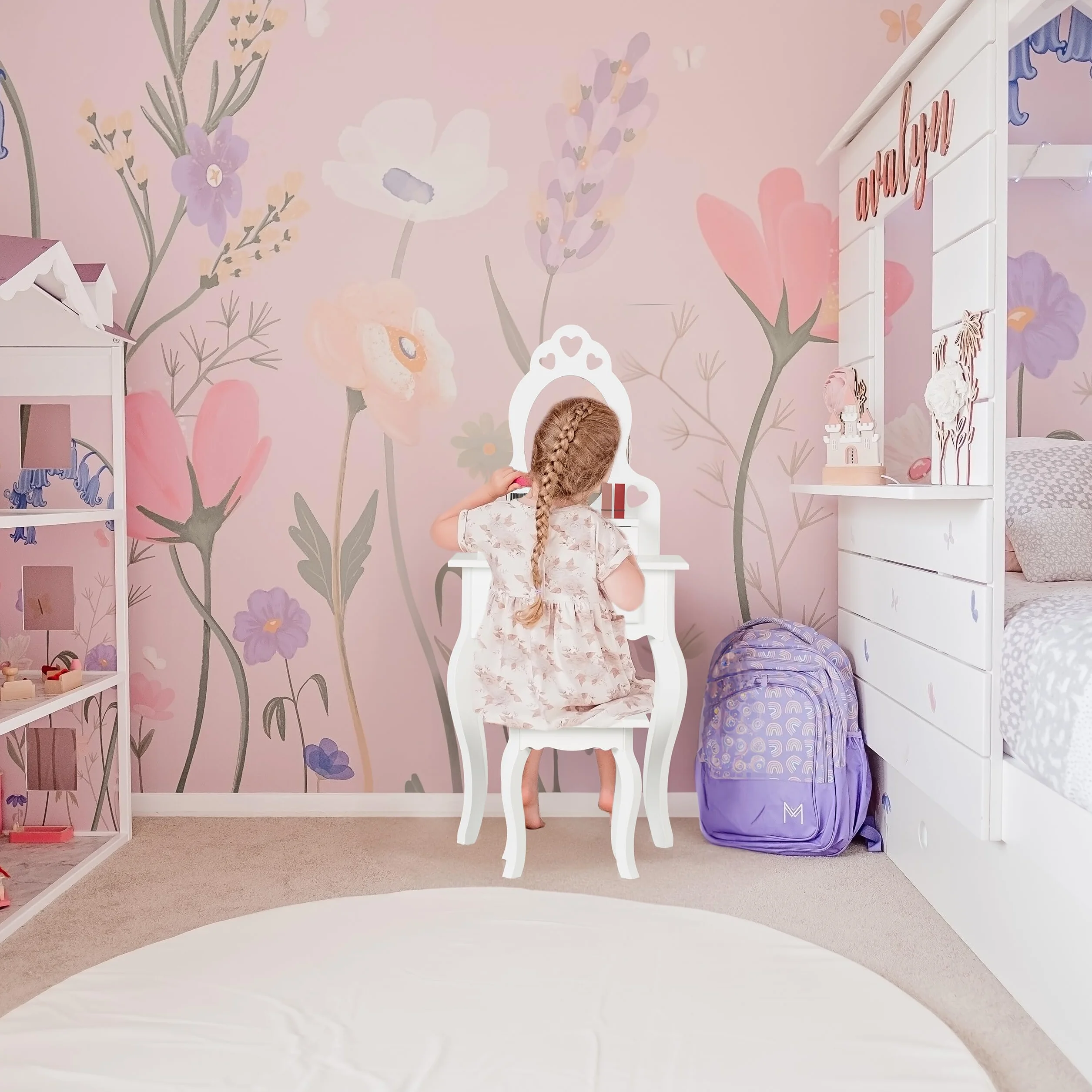 Relaxdays Toeletta Trucco Bambina, Tavolino con Specchio e Sgabello, HLP: 110 x 50 x 30 cm, a Partire dai 3 Anni, Bianco