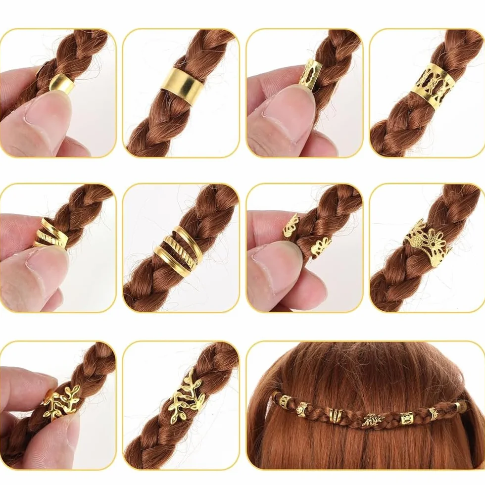 Confezione 50 accessori per dreadlocks gioielli per treccia anelli per capelli dorati