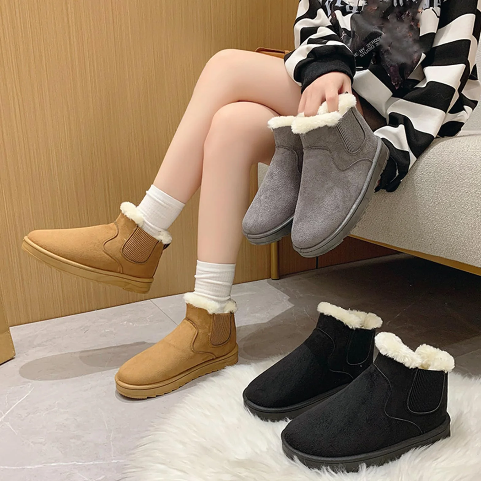 Scarpe invernali da donna gambo corto foderate calde antiscivolo basse