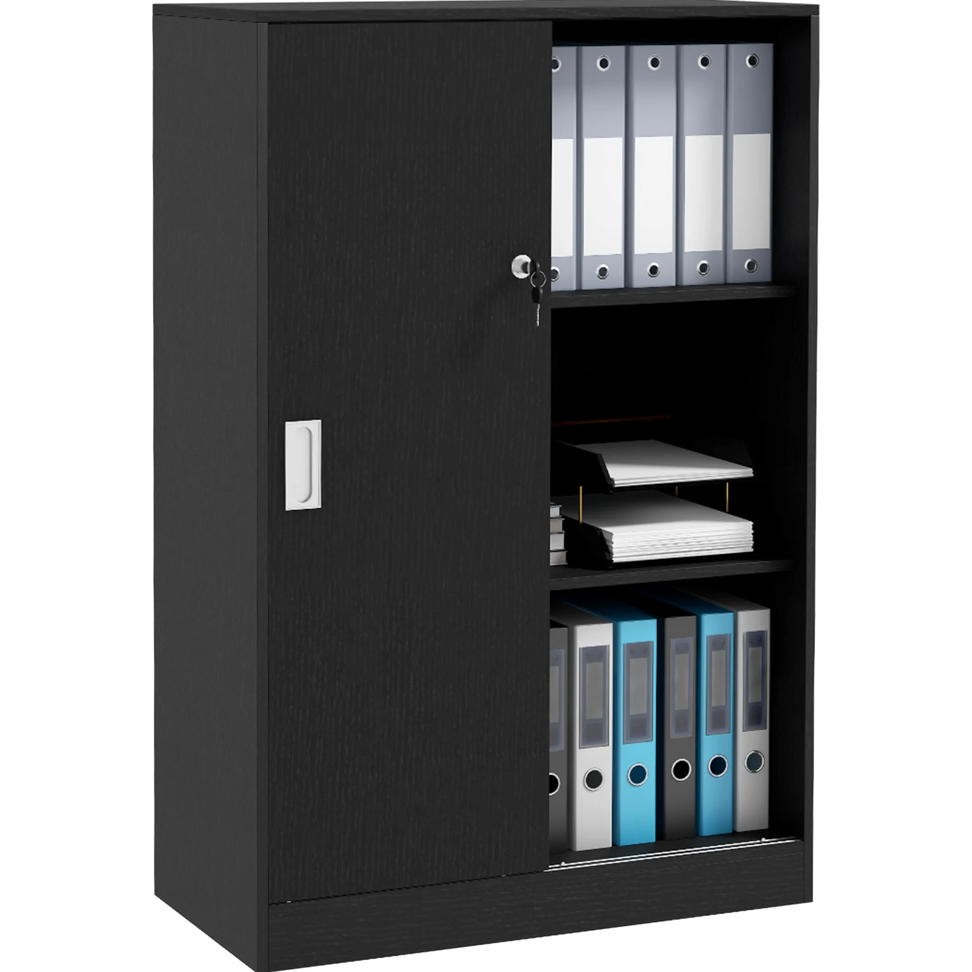 HOMCOM Armadietto da Ufficio a 3 Ripiani e ad Anta Doppia, Mobiletto Armadio da Ufficio in Legno, Mobiletto Multiuso con Chiusura e 2 Chiavi di Sicurezza per Studio, Garage e Soggiorno, Nero