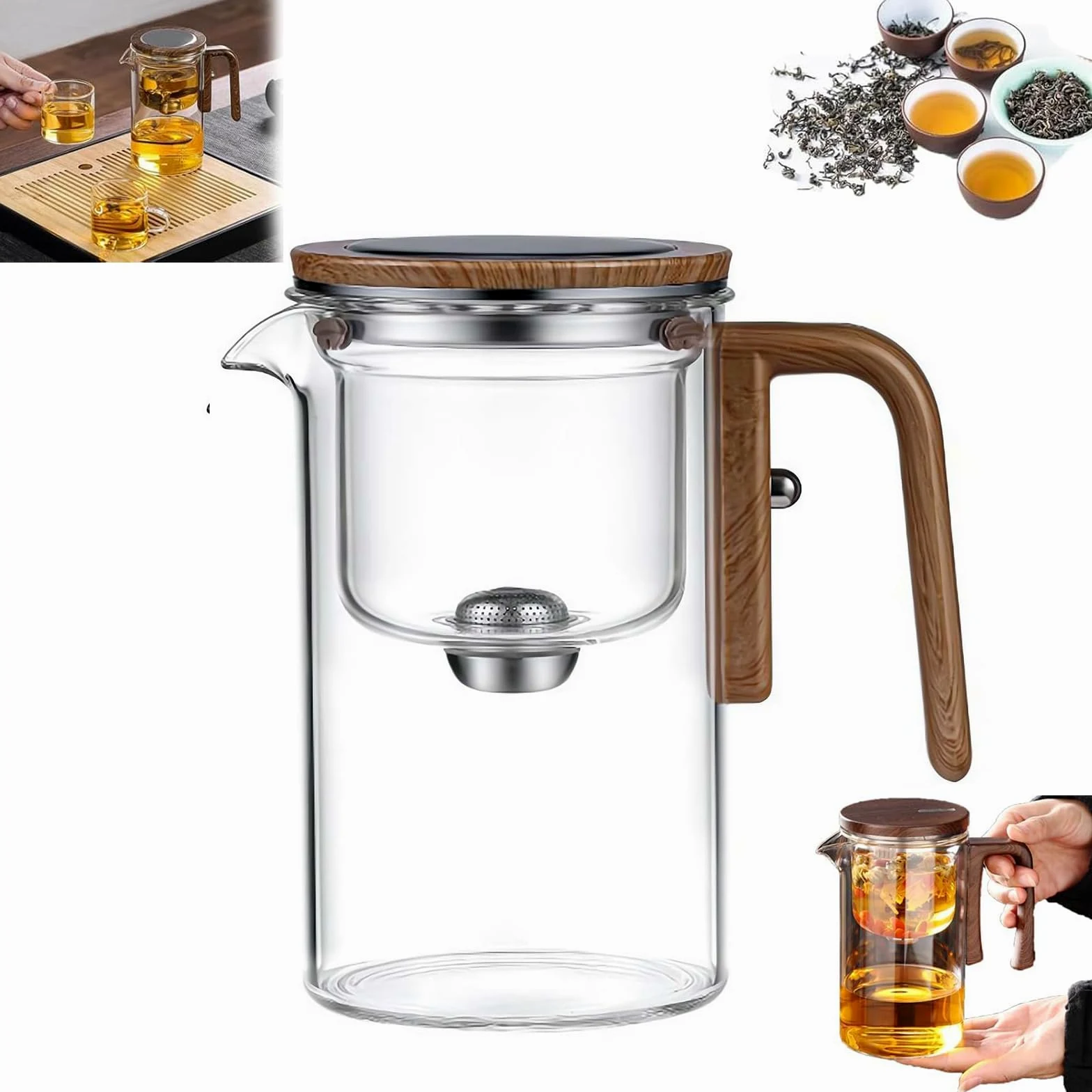 Teiera stregoneria, teiera incantata con controllo a pressione, teiera magica con infusore, teiera in vetro con colino, teiera magica 2 in 1 per tè sfuso, teiera magica in vetro con manico in legno