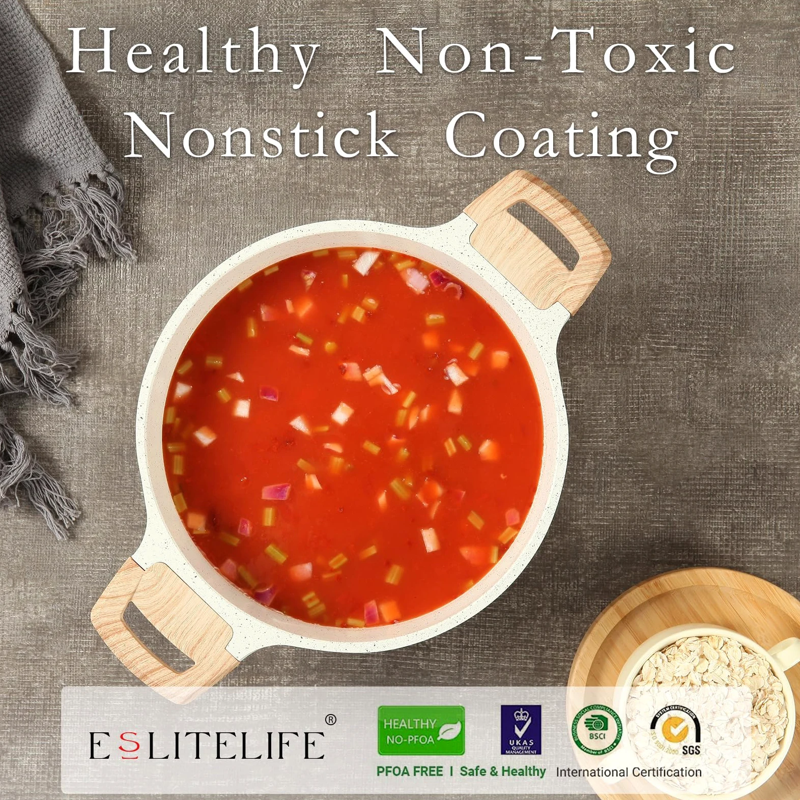 ESLITE LIFE Pentola antiaderente con coperchio, in granito da 7 litri, grande, per zuppa, pasta, compatibile con induzione, senza PTFE e PFOA, bianco