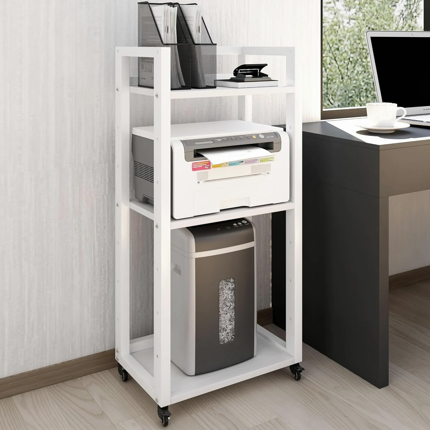 PUNCIA Supporto per Stampante a 3 Livelli Carrello Porta Documenti Mobile per Stampante in Legno e Metallo Scaffale per Documenti con Ruote Tavolo per Trituratore HIFI per Ufficio Casa (Bianco)