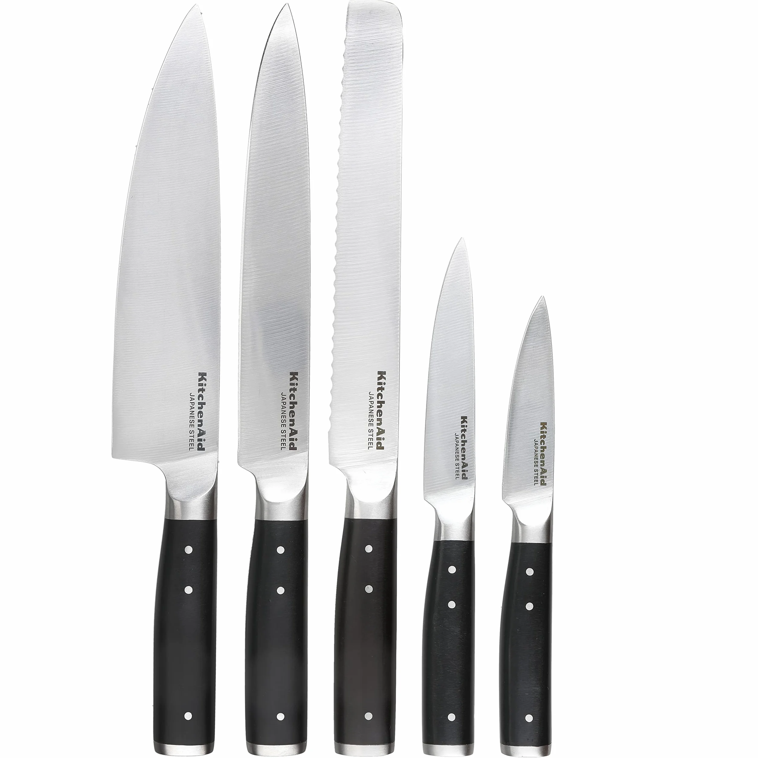 KitchenAid Gourmet Set di coltelli da 6 pezzi con blocco, manici neri, acciaio giapponese - 5 coltelli, forbici e affilatore