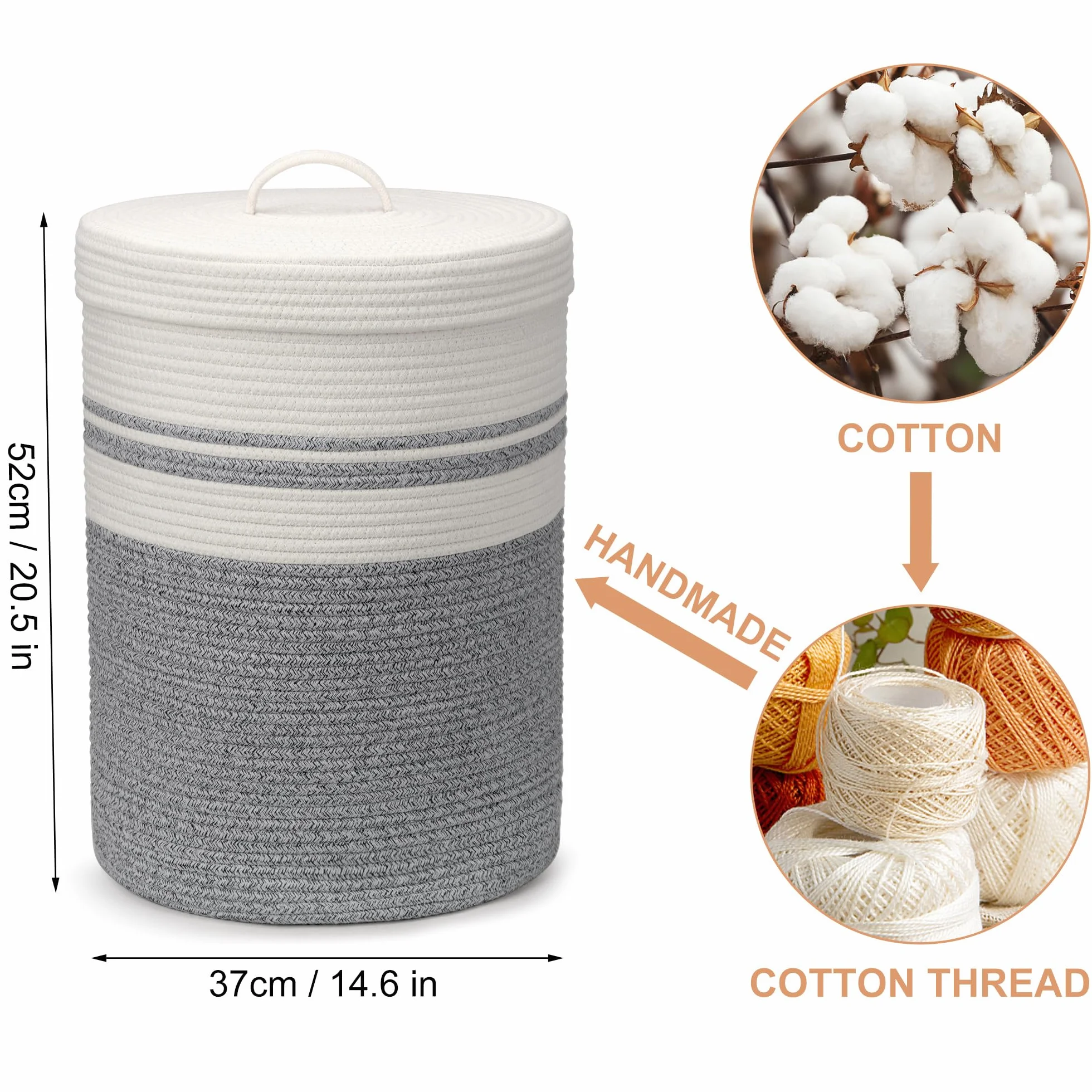 Cesto Portabiancheria con Coperchio Cesta in Corda di Cotone, Ideale per Bucato e Giochi Bambini, Cestone Portabiancheria e Cestino Biancheria Ceste Portaoggetti Bianco XXL(Grigio,37x52cm)