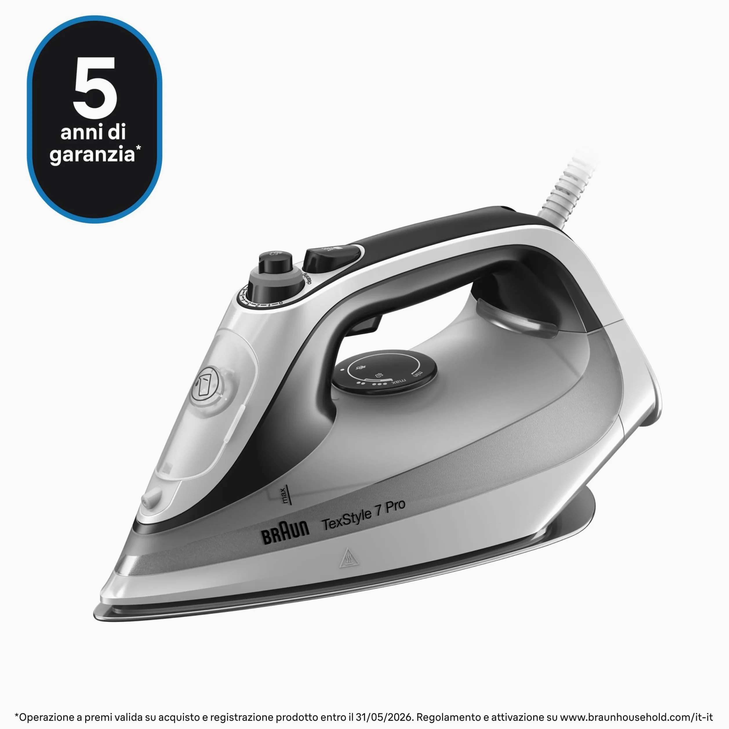 Braun TexStyle 7 Pro SI7149WB, Ferro da Stiro con Piastra FreeGlide 3D EloxalPlus, 220 g/min, Punta di Precisione, Manico Ergonomico, Ricarica da 300ml, Sistema Antigoccia, 2900W, Bianco/Grigio