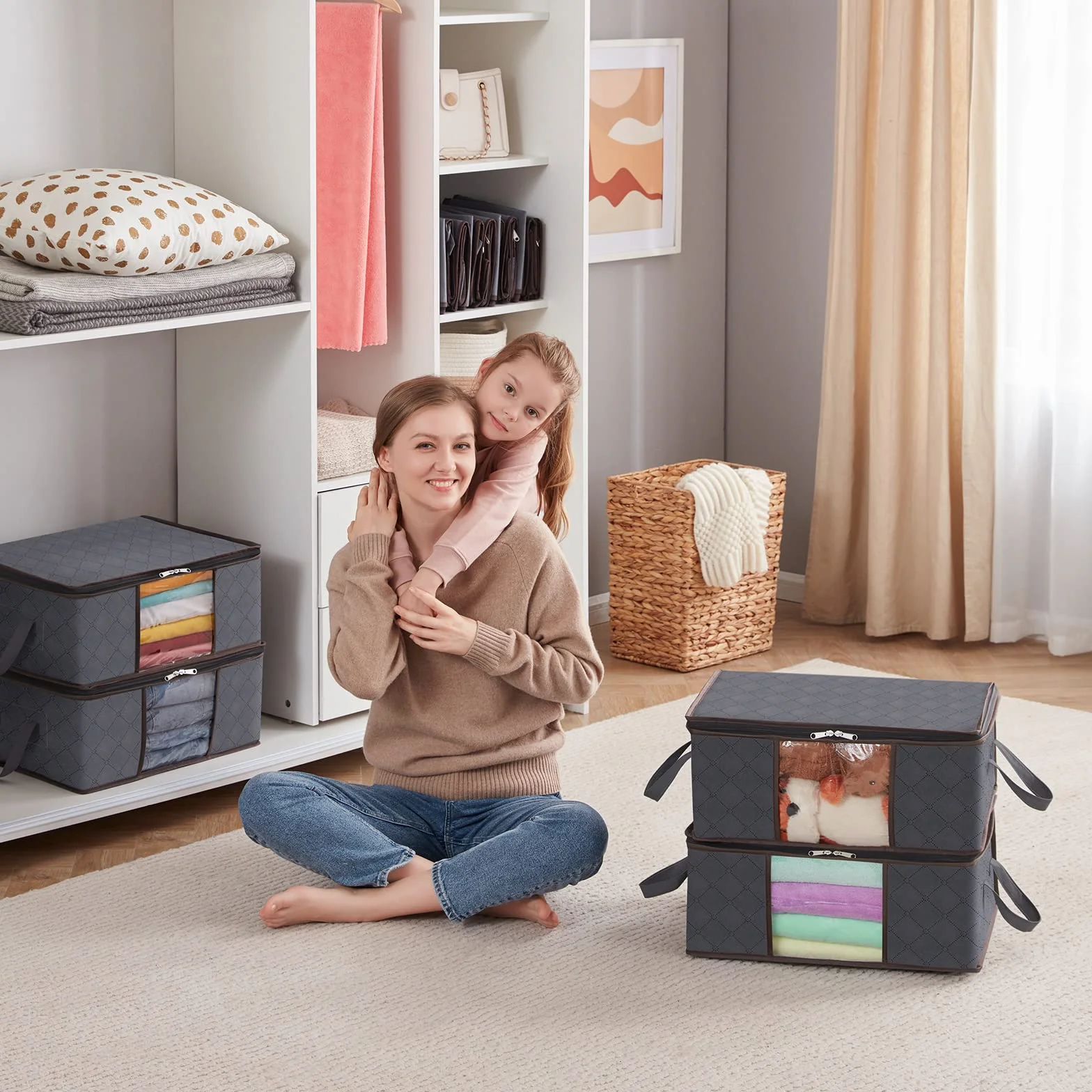 Lifewit Borsa Pieghevole per Vestiti Confezione da 4, Scatola Organizer per Stoccaggio Indumenti con Maniglia Rinforzata e Finestra Trasparente per Asciugamani, Maglioni, Magliette, 35L, Grigio