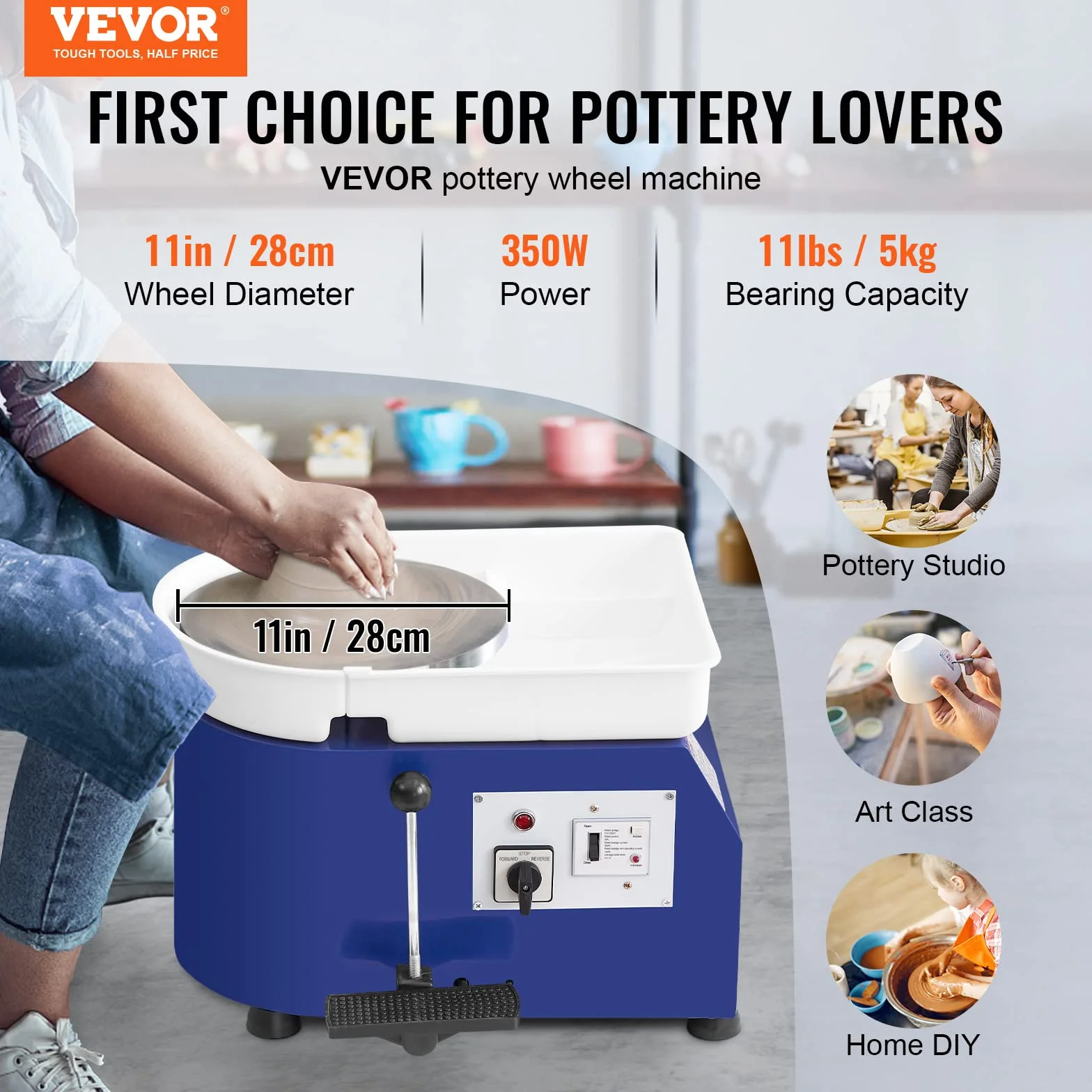 VEVOR Tornio per Ceramica Argilla 350W 28cm 60-300 giri/min Fai-da-te