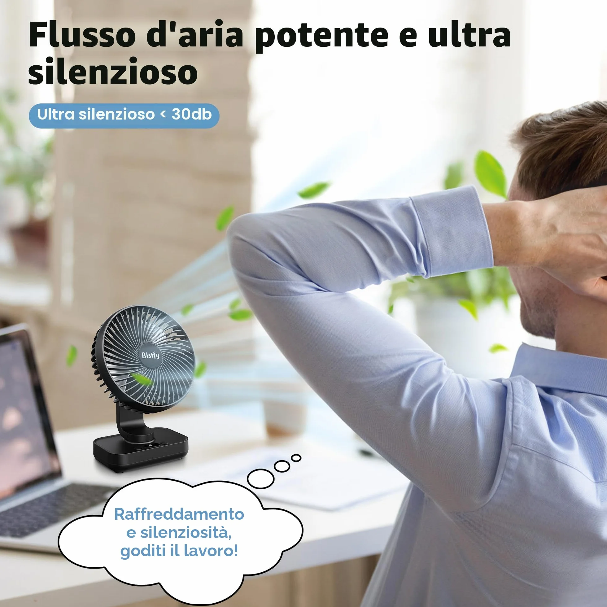 Ventilatore da Tavolo Ultra-Silenzioso, 120° di Oscillazione, 90° di Inclinazione Della Testa Regolabile, 14cm Digitale a 4 Velocità 4500mAh Ventilatore da Scrivania Portatile USB Ricaricabile
