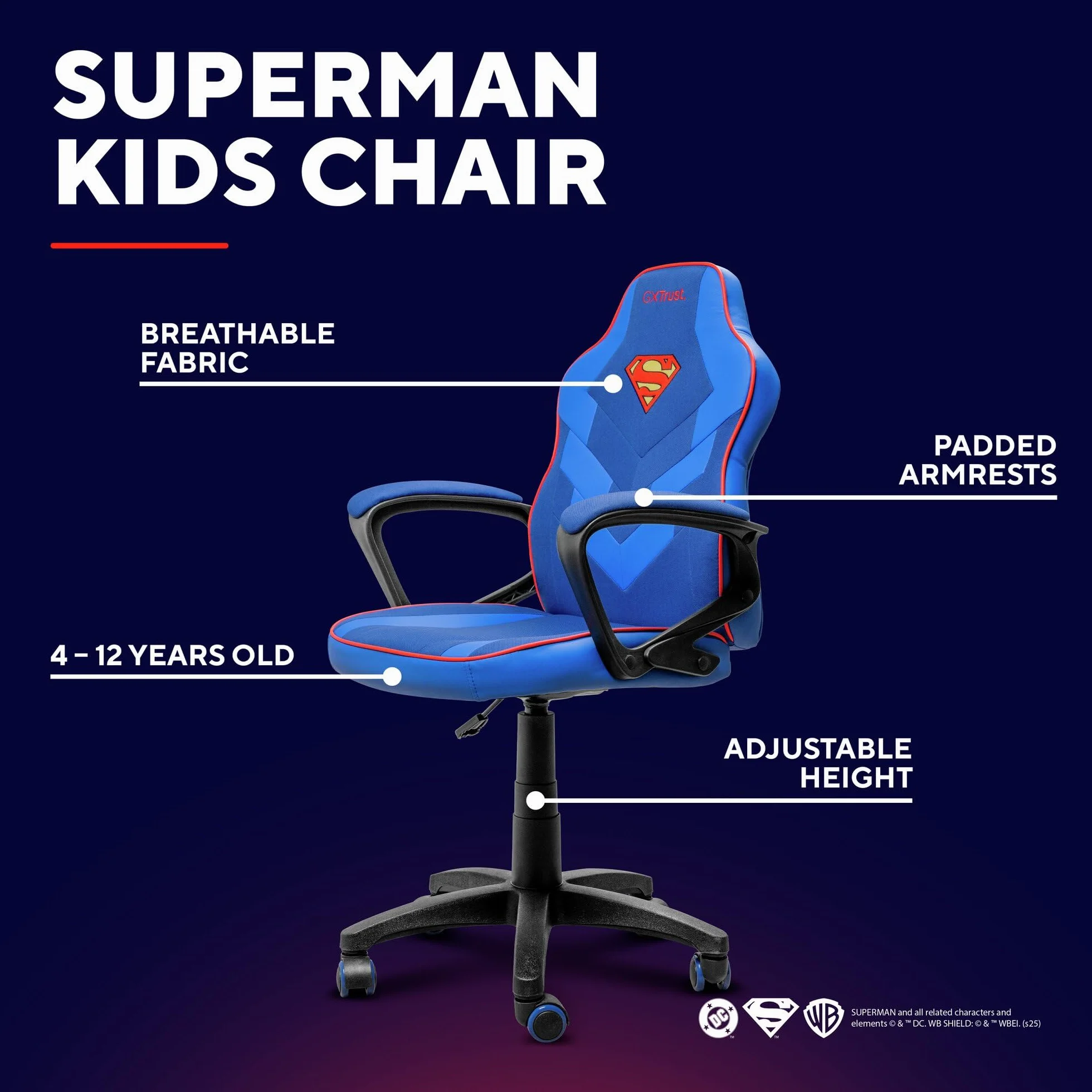 GXTrust 703SM Revvo Sedia Gaming con Licenza Superman per Bambini 4-12 Anni, Sedia da Gaming in Tessuto Regolabile in Altezza, Bracciolo Imbottito, Console di Gioco Supereroe Videogiochi, Blu