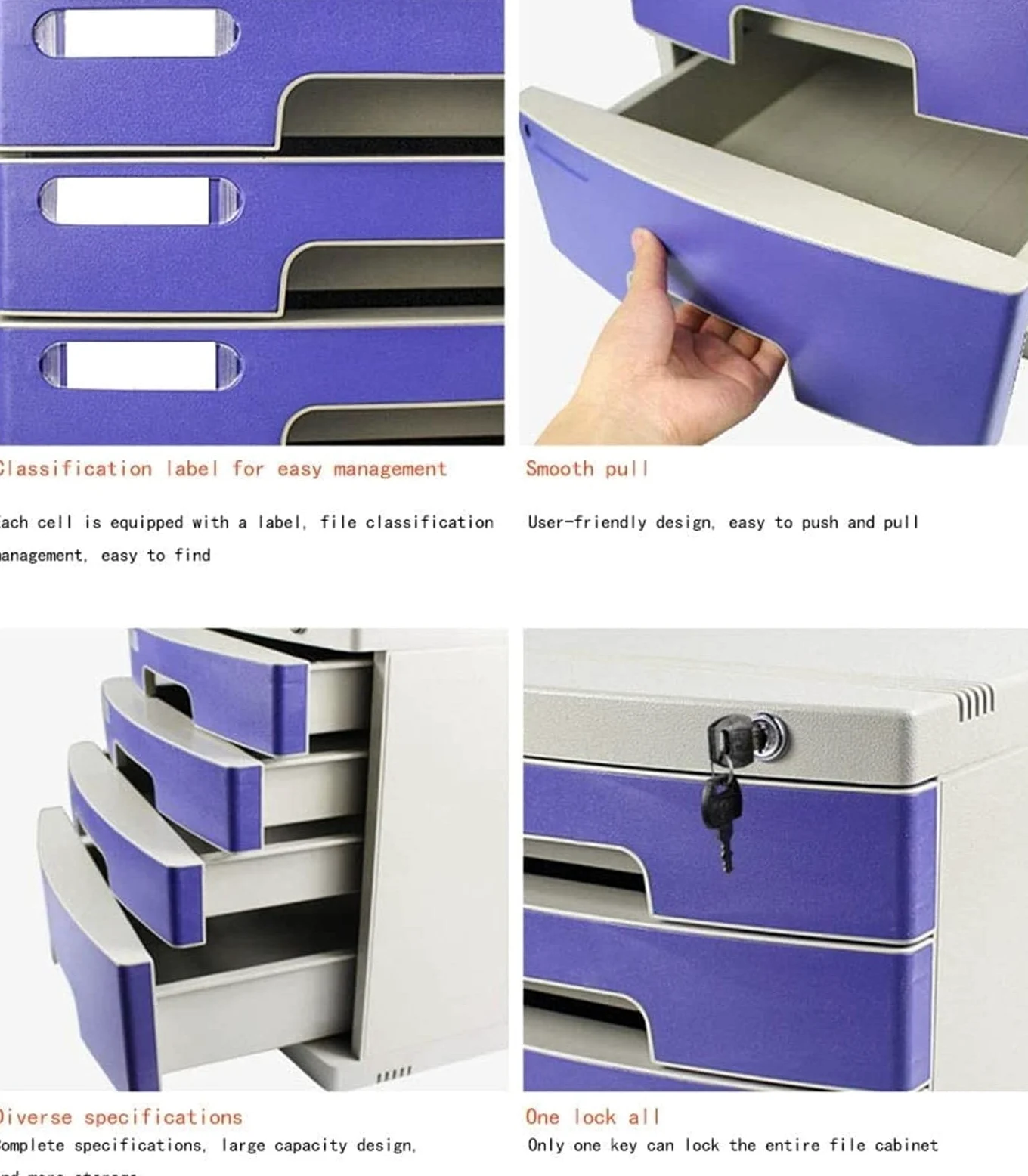 Schedario, Divisorio per Schedario, 4 Cassetti, Scrivania con Serratura, Contenitore Classificato E Scatola di Immagazzinaggio per Documenti D'Ufficio (Grigio)(Gray)
