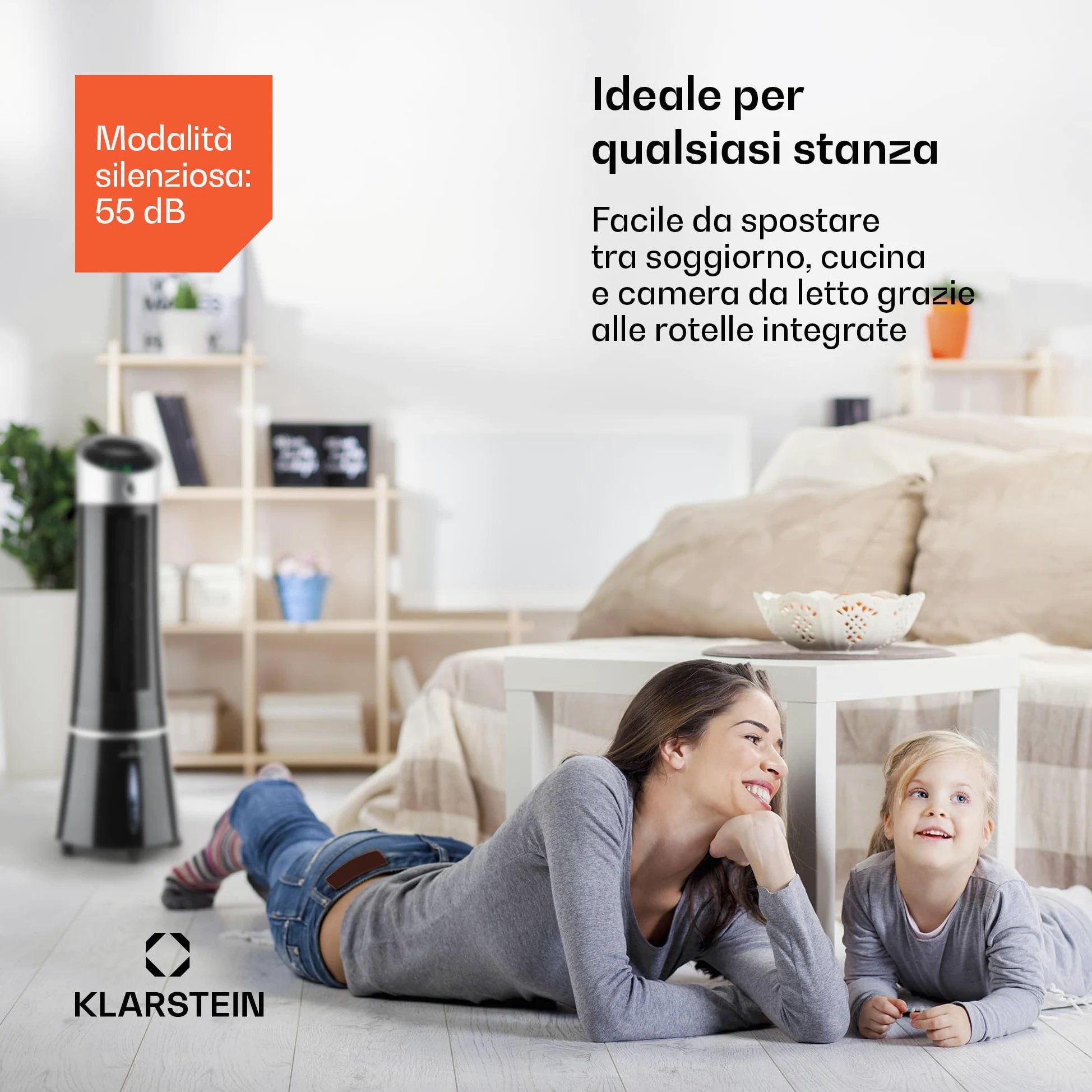 Climatizzatore 4in1: raffrescatore evaporativo, ventilatore, umidificatore/ionizzatore, 6L, oscillazione, 30W, 210m³/h, timer, no tubo di scarico, portatile, Klarstein, Nero, Skyscraper Ice Smart
